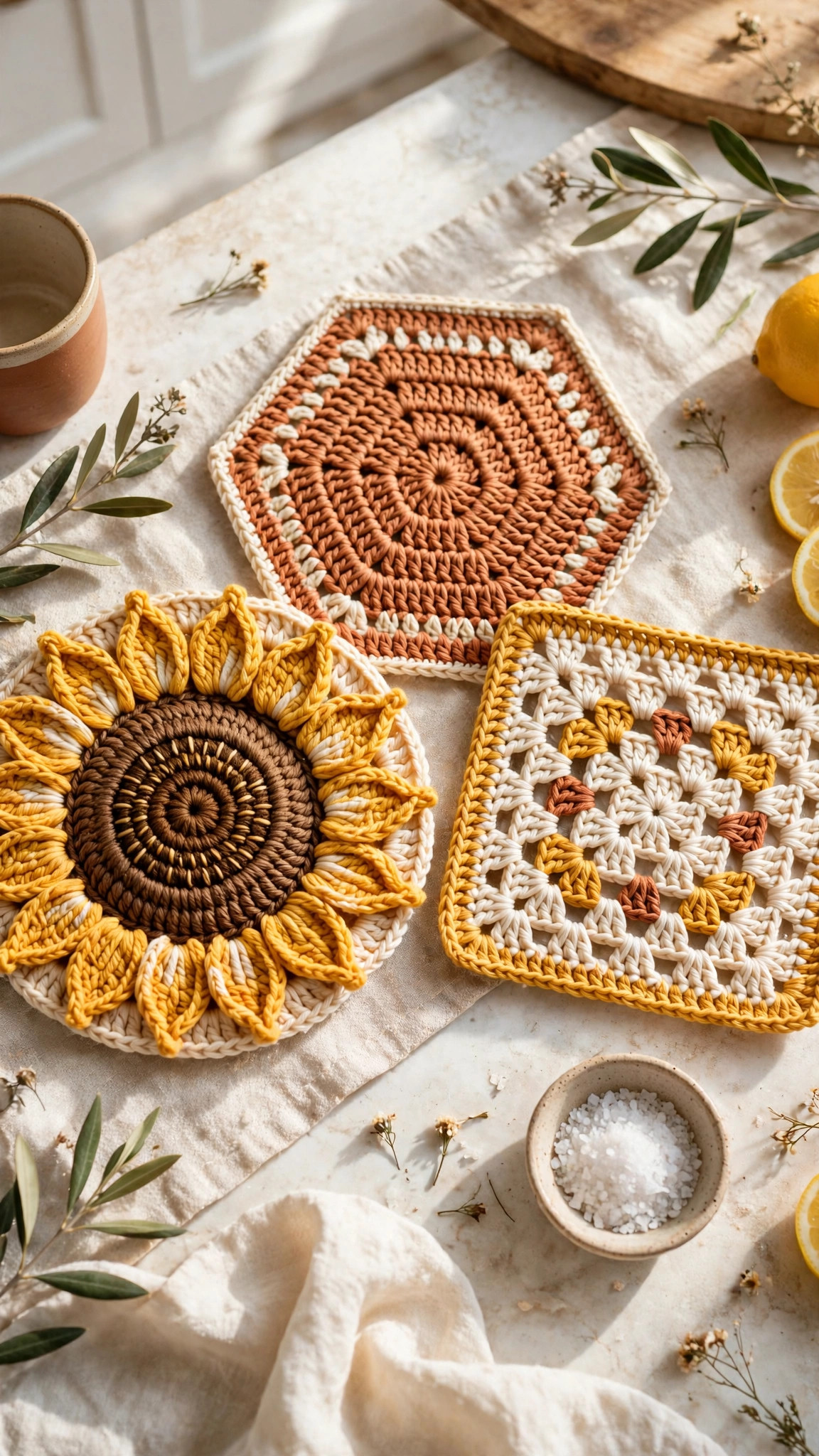 Set of three finished crocheted trivets in warm colours: a round sunflower, a hexagon and a square waffle trivet, styled flat lay, crochet trivet patterns free