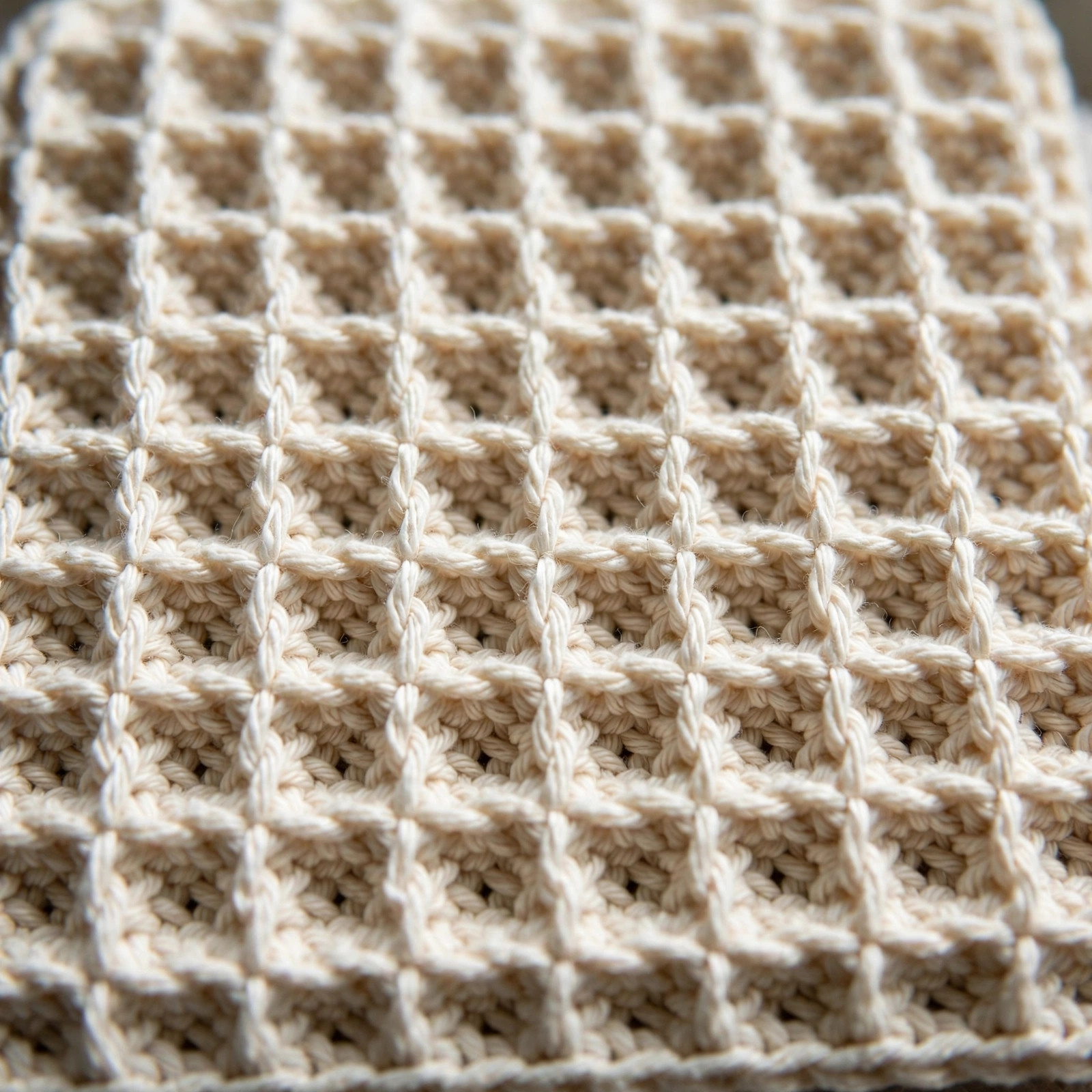 Close-up detail of the raised waffle stitch texture on a cream cotton crocheted square trivet, crochet trivet patterns free