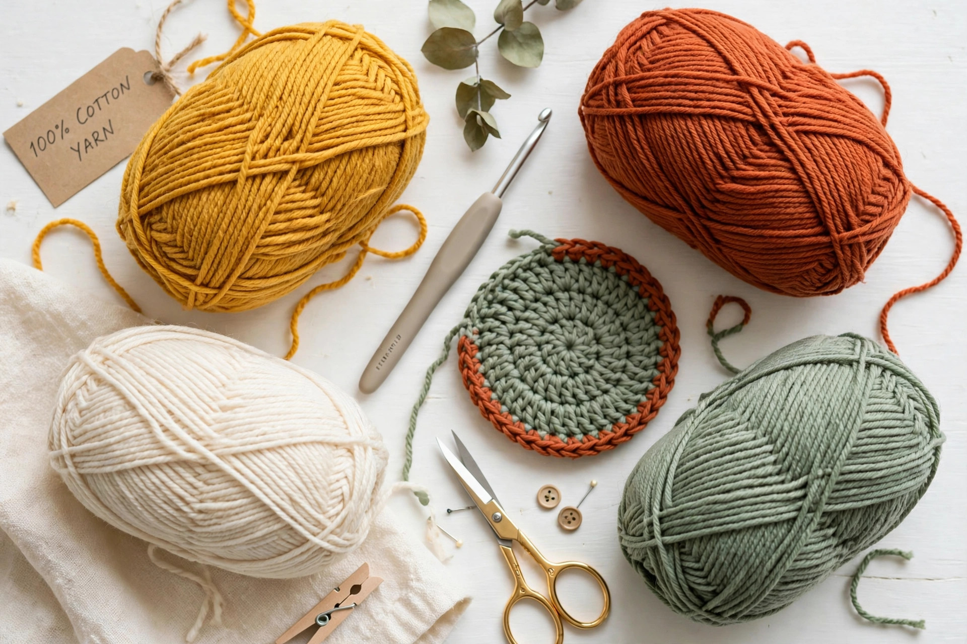 Flat lay of 100 percent cotton yarn balls in warm mustard yellow, terracotta, cream and sage green with a crochet hook, materials for free crochet trivet patterns