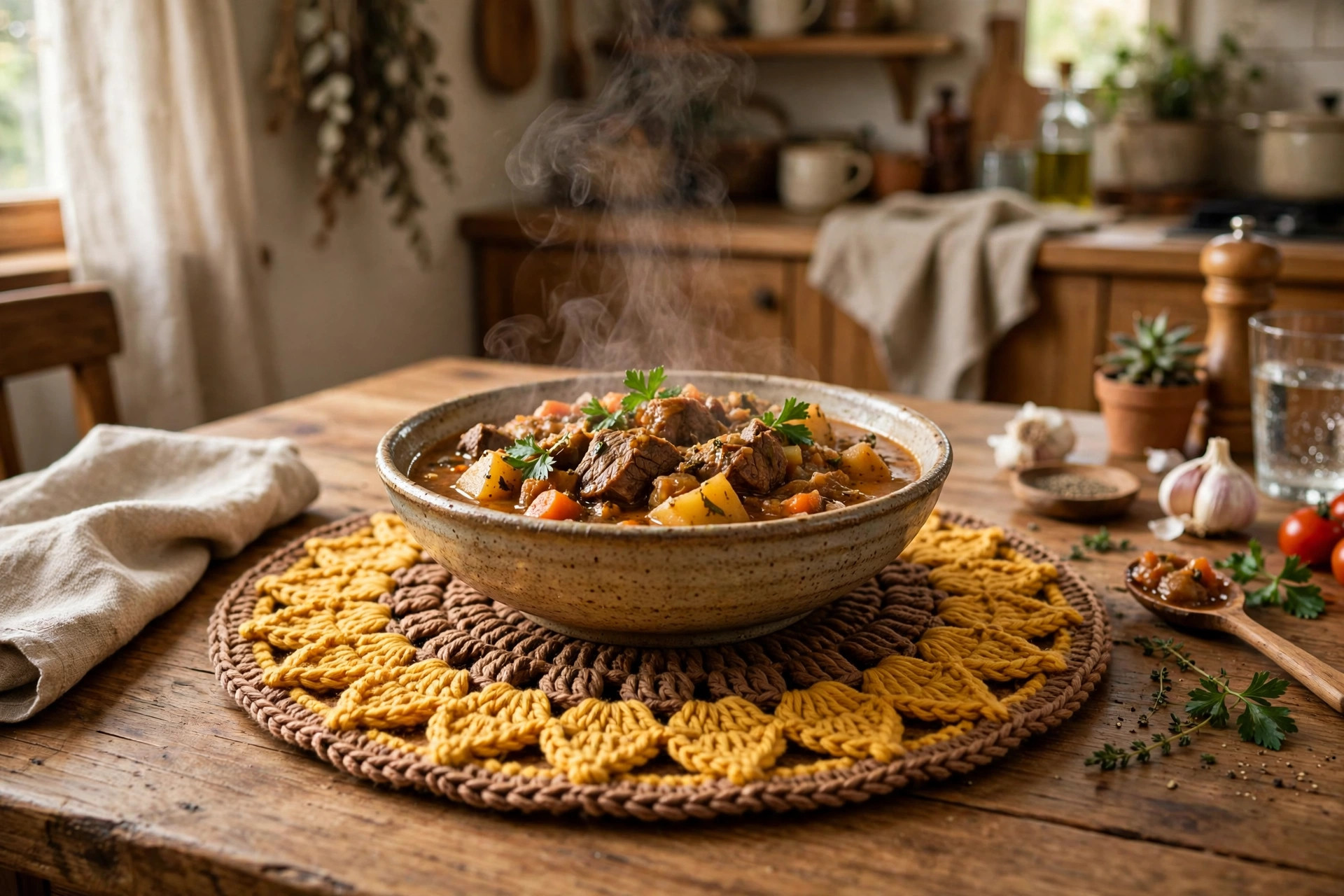 A hot steaming dish resting on a round handmade crocheted sunflower trivet in mustard yellow and brown on a wooden dinner table, crochet trivet patterns free