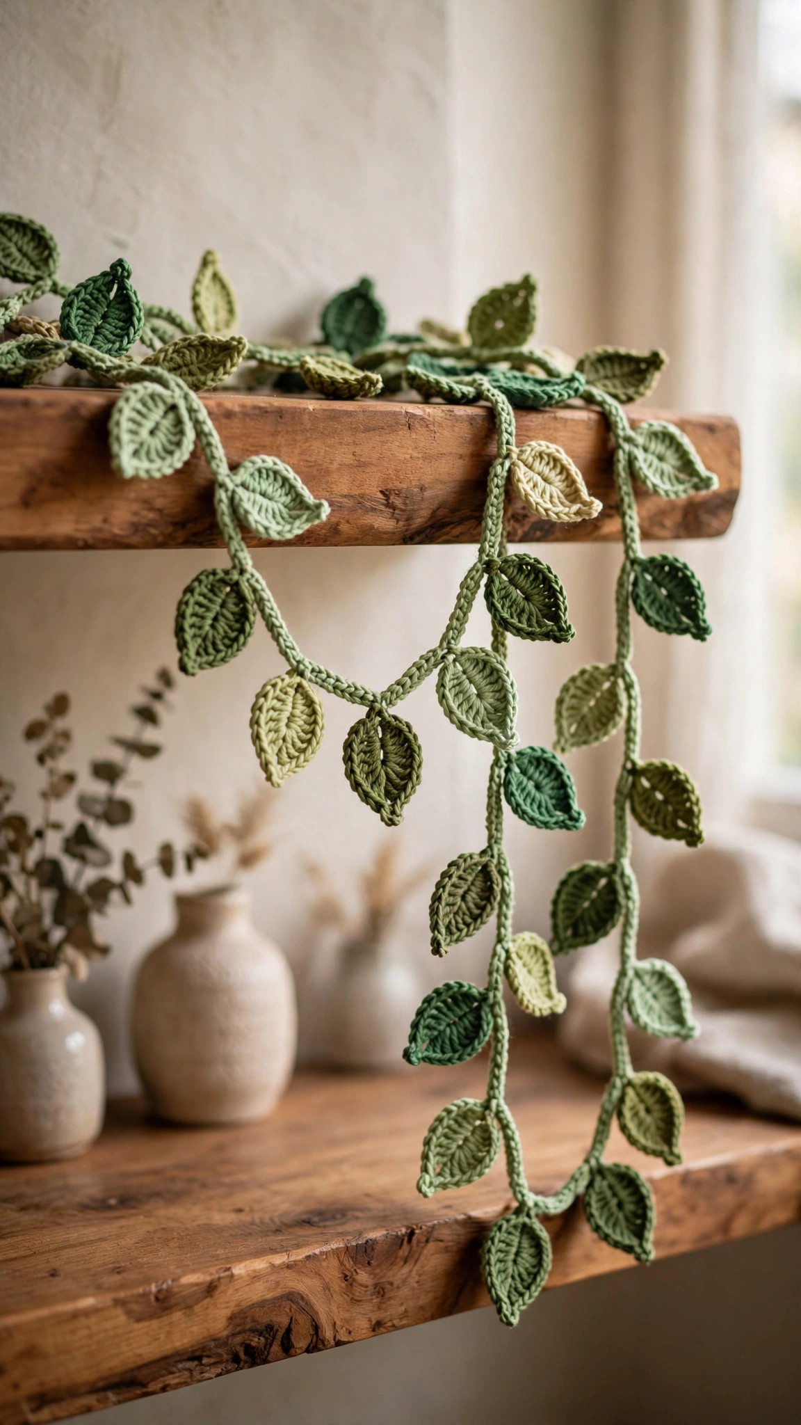 Crochet vine pattern free, a handmade crocheted green leaf vine garland draped over a wooden shelf