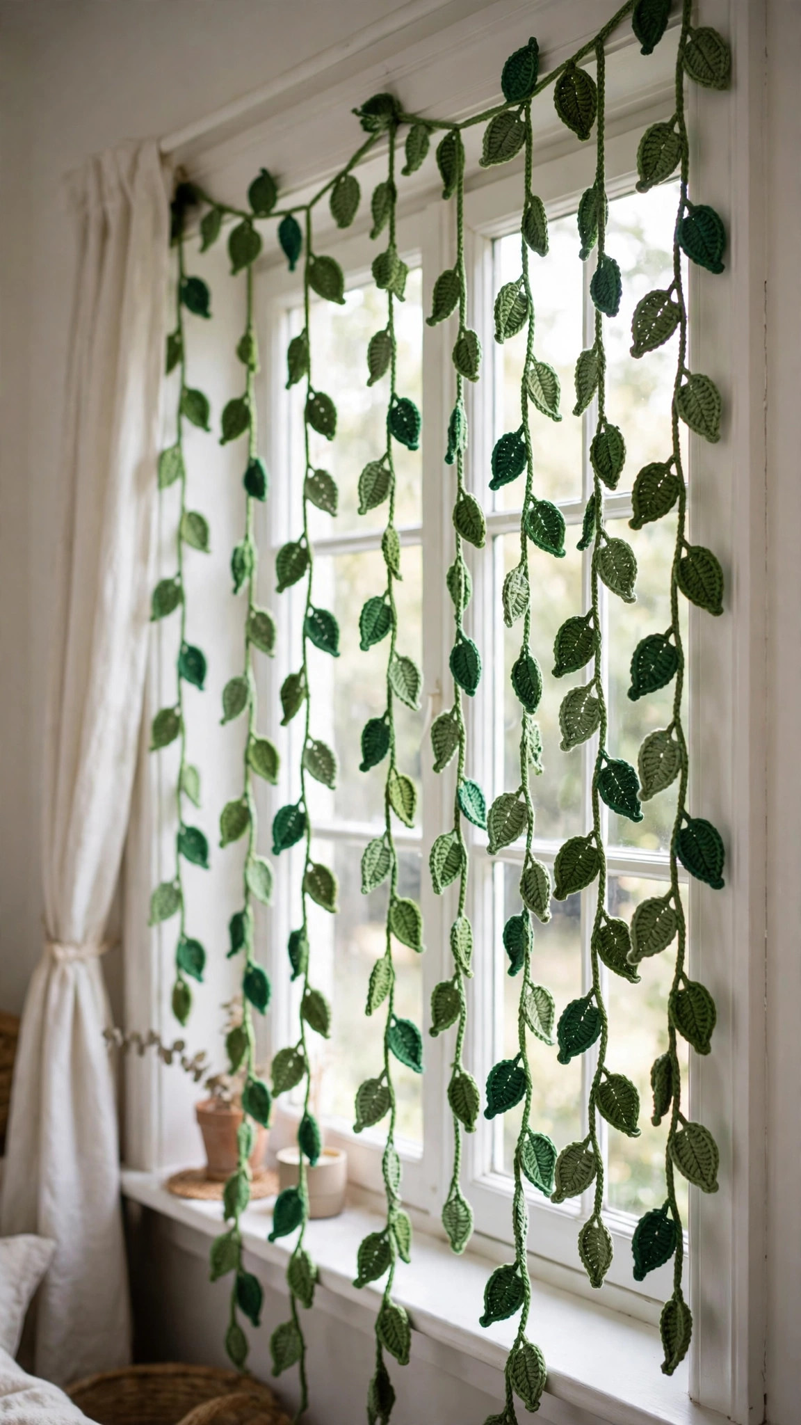 Handmade crocheted green leaf vine garland hanging vertically down a white window frame in soft natural light, crochet vine pattern