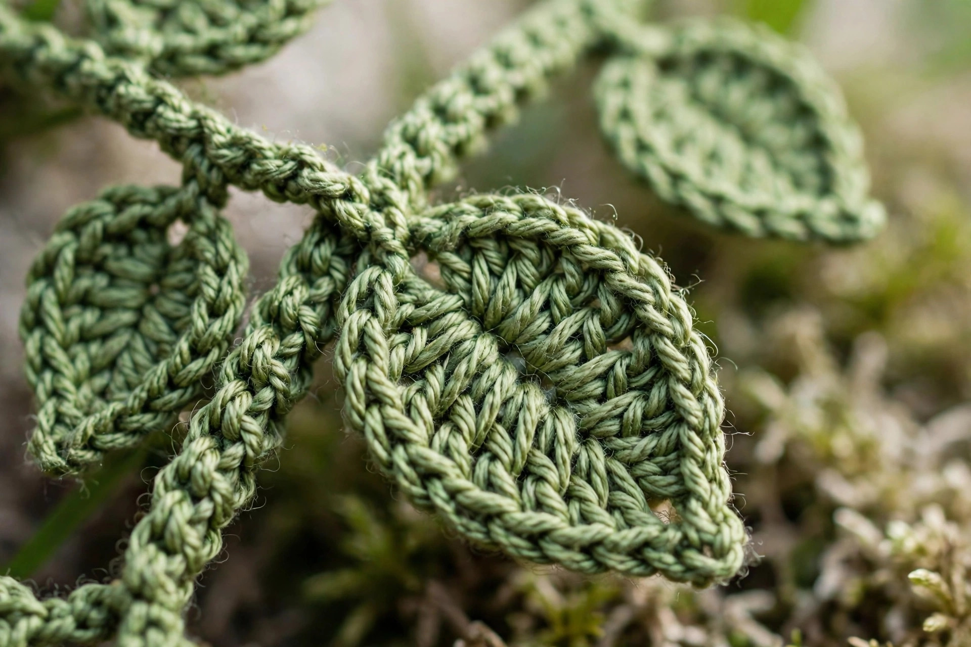 Close-up of crocheted leaves and stitches on a green crochet vine, showing the leaf shaping in the crochet vine pattern