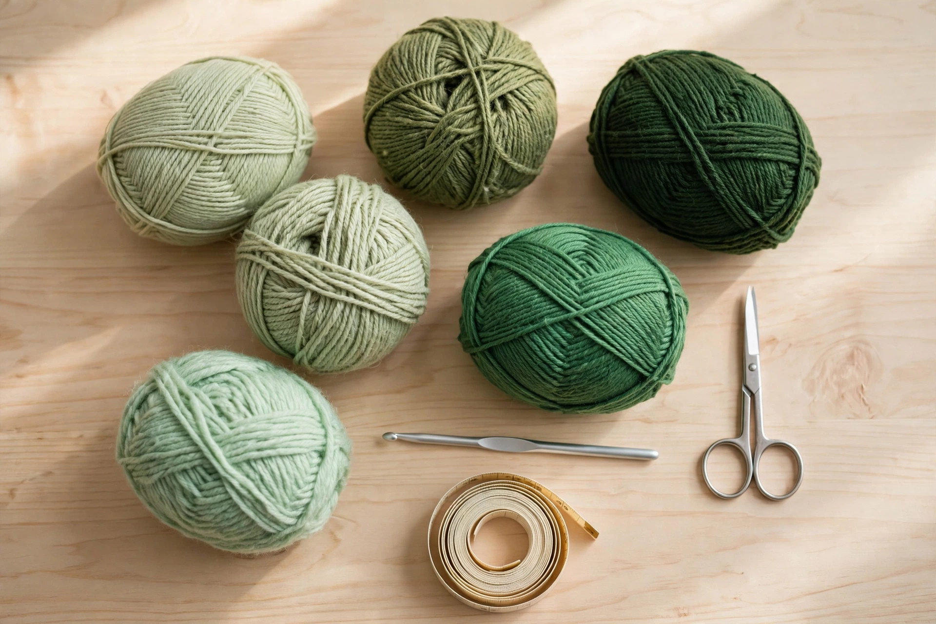 Flat lay of green yarn balls, a crochet hook and scissors on a wooden table, materials for the crochet vine pattern