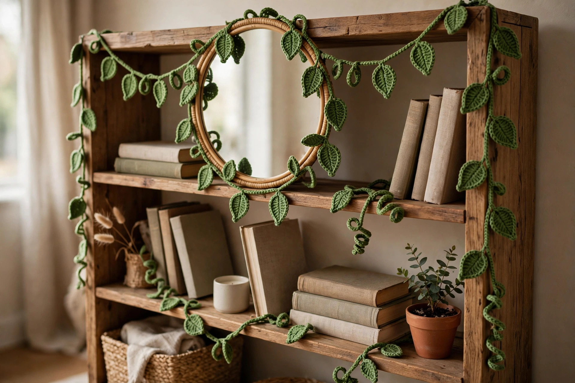 Crocheted green leaf vine garland styled on a wooden bookshelf around a round mirror, lifestyle shot of the finished crochet vine pattern
