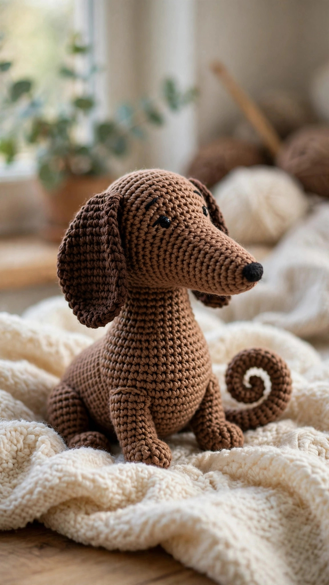 Crochet weiner dog pattern — finished amigurumi dachshund with long brown body, floppy ears and short legs on a cream blanket