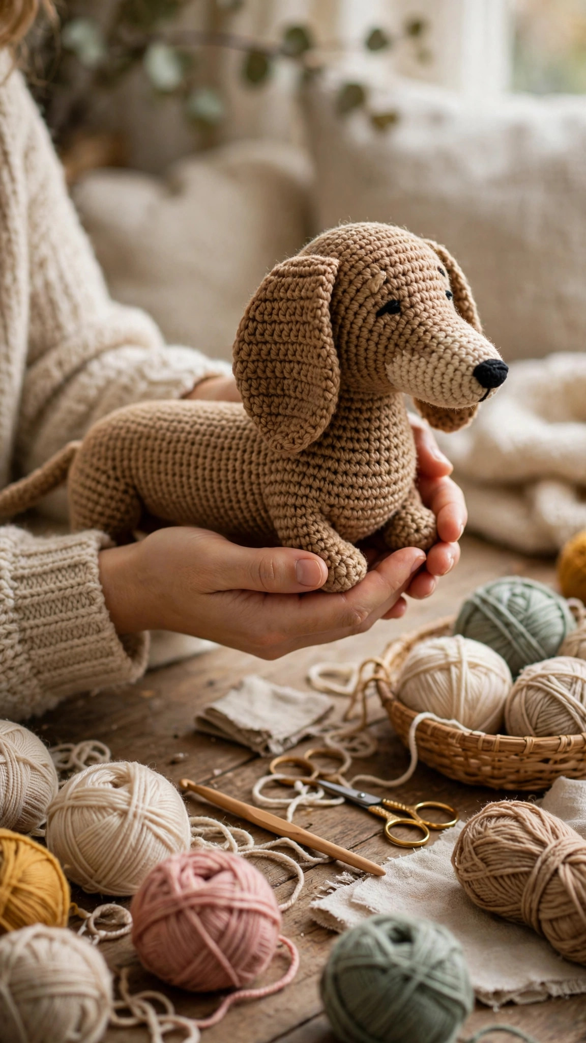 Handmade crochet weiner dog amigurumi dachshund held in hands showing long brown body and floppy ears