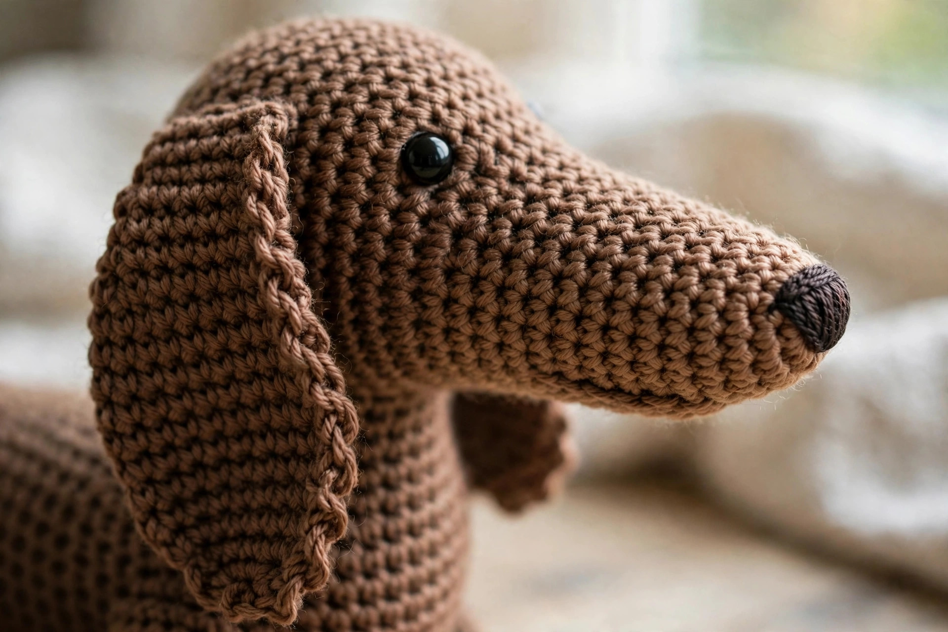 Close-up detail of a crochet dachshund face with long snout, black nose and floppy brown ear