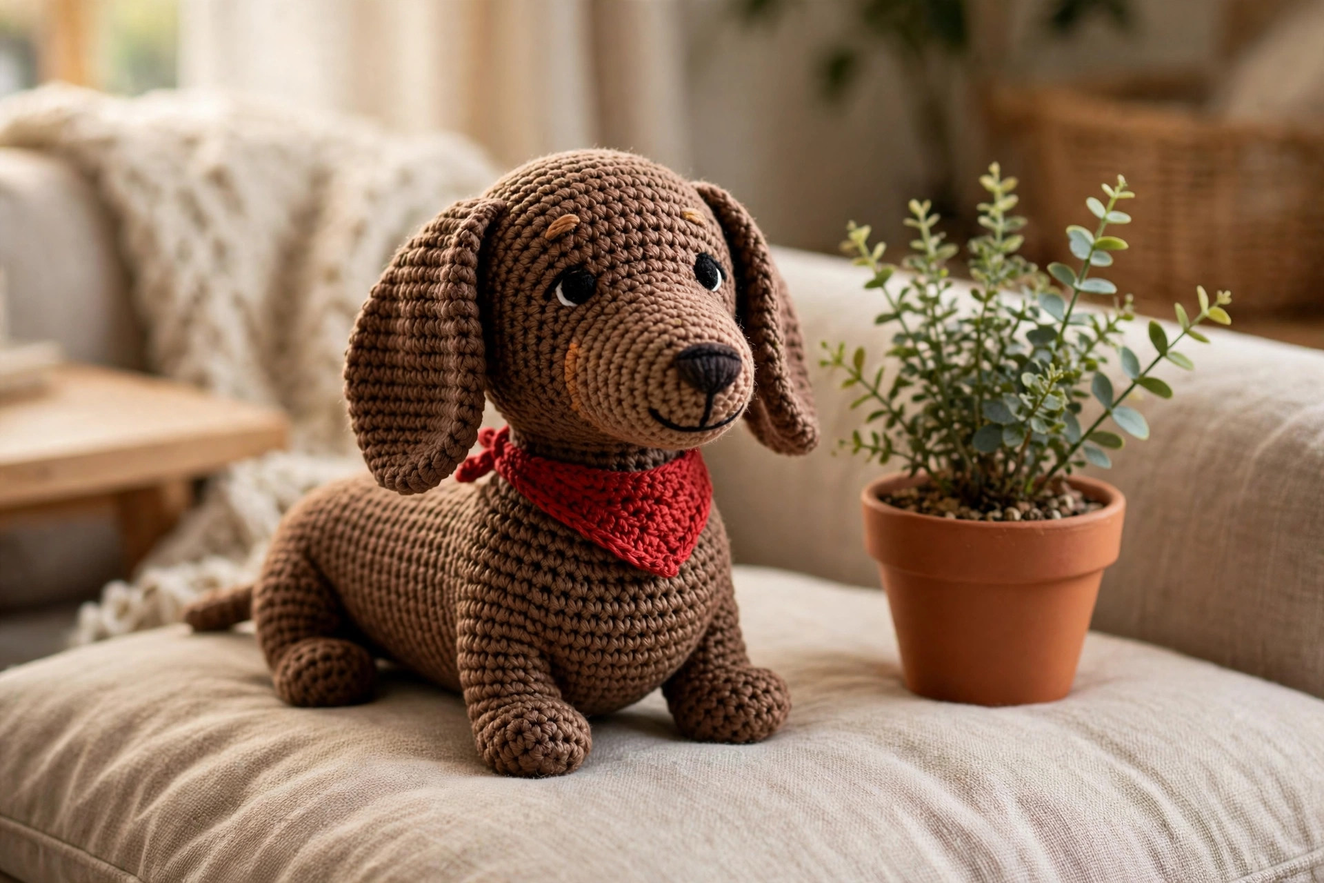 Finished crochet weiner dog plush wearing a small bandana sitting on a sofa cushion at home