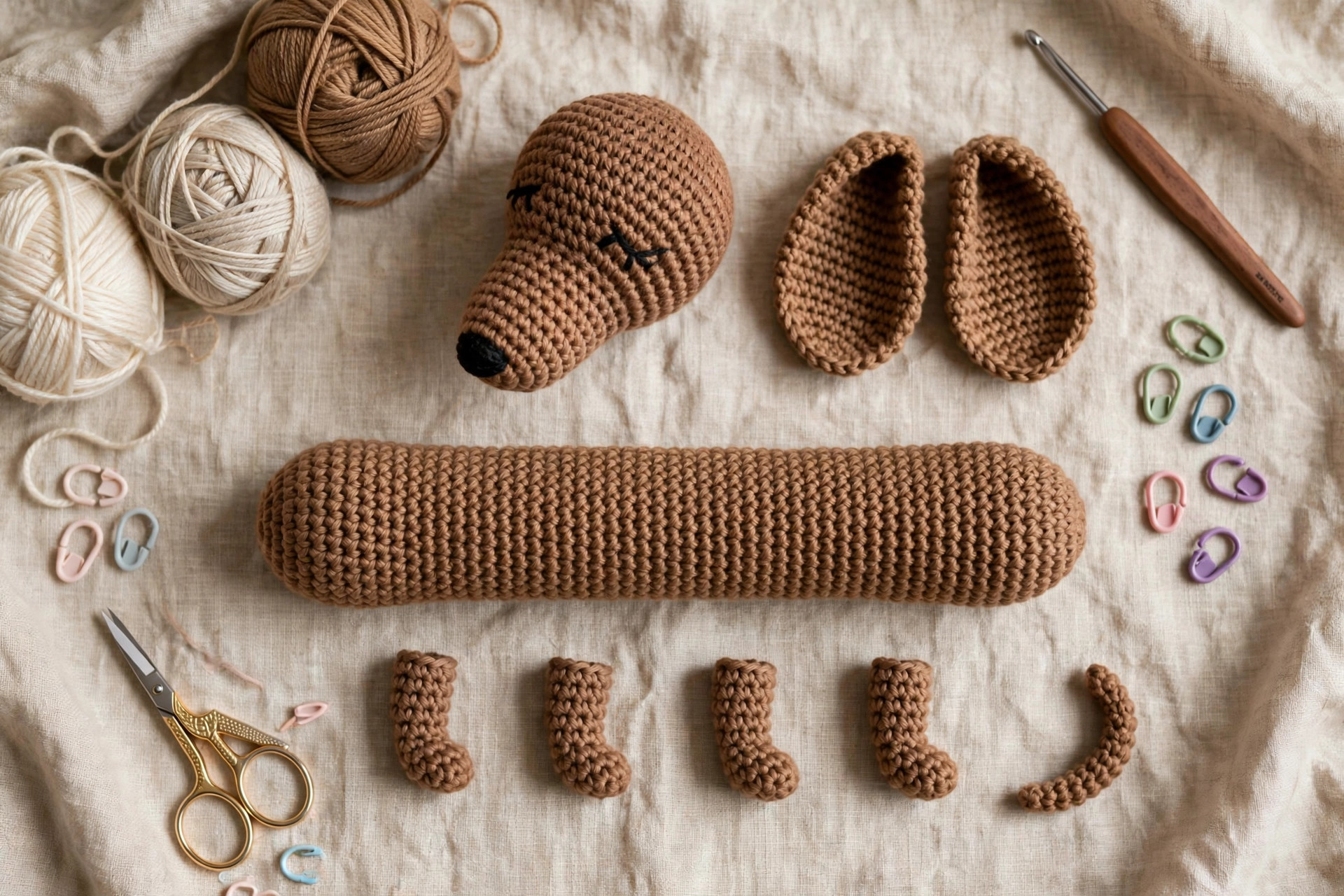 Crochet dachshund pieces and finished weiner dog laid flat with yarn balls hook and notions
