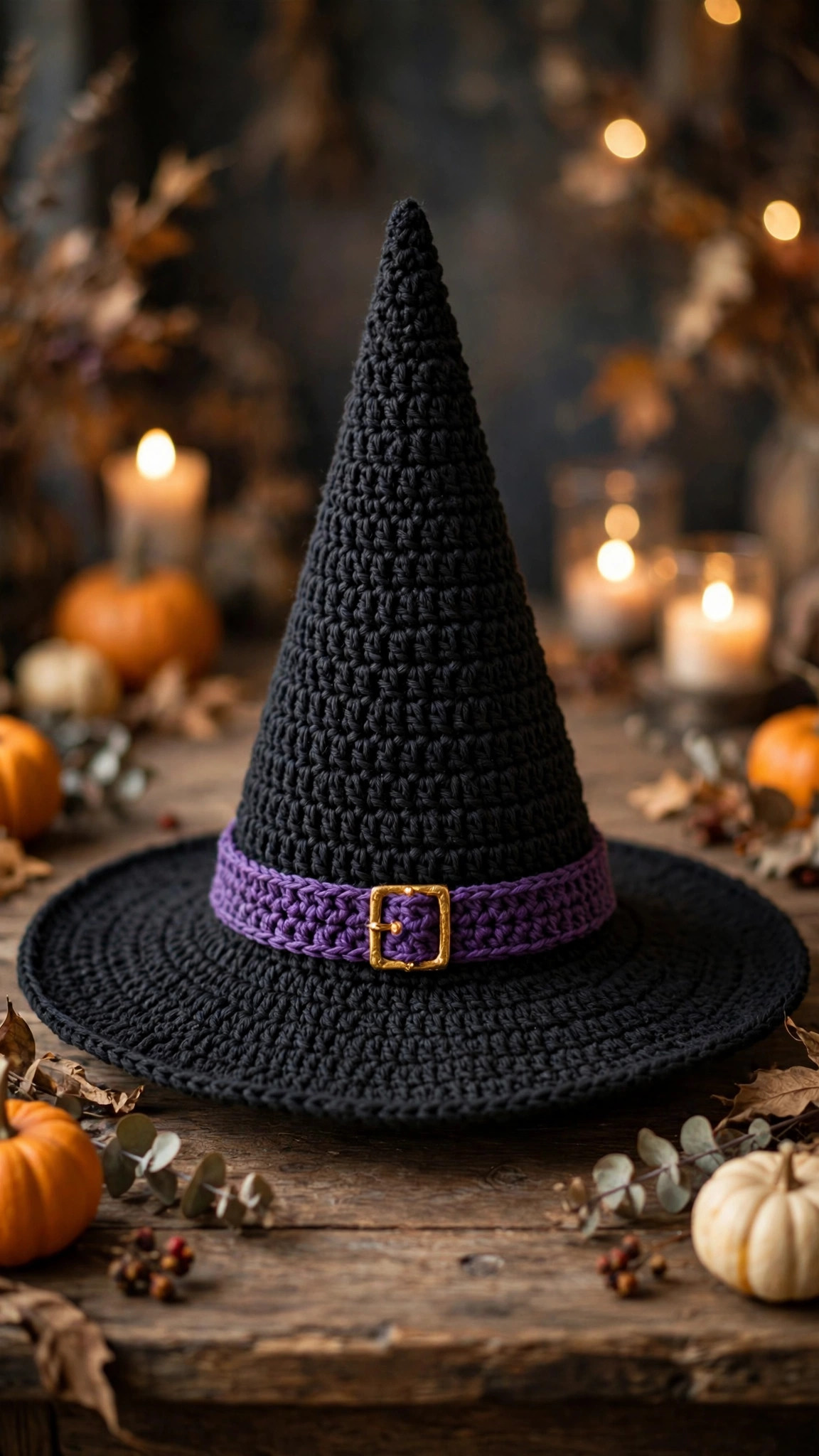 Crochet witch hat pattern free — black handmade witch hat with tall pointed cone, wide flat brim, purple band and gold buckle with pumpkins and candlelight
