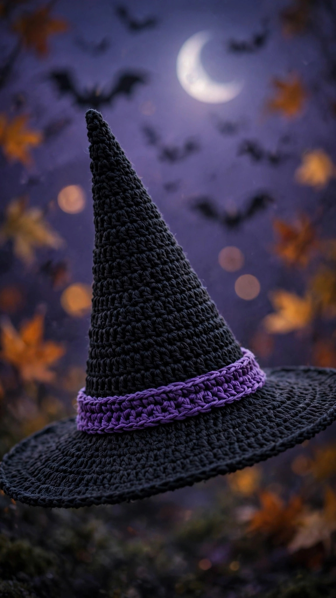 Black crochet witch hat with tall pointed cone, wide brim and purple band photographed against a dusky purple Halloween backdrop
