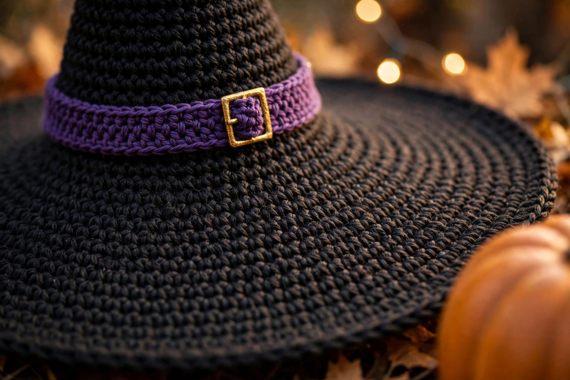 Close-up of the wide flat brim of a black crochet witch hat showing spiral single-crochet rounds, the purple band and gold buckle