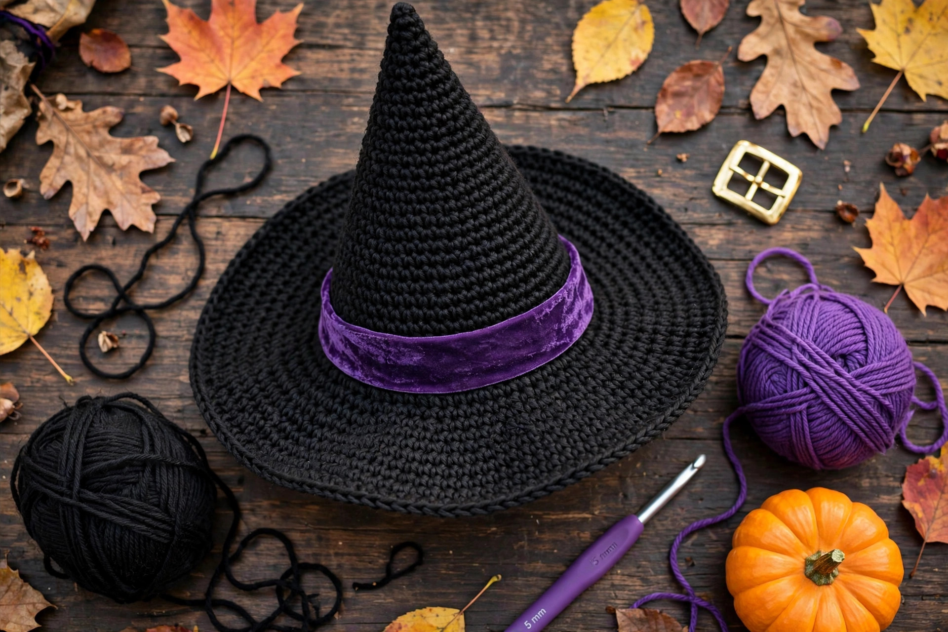 Flat lay of a black crochet witch hat with balls of black and purple worsted yarn, a 5 mm crochet hook and a small gold buckle square