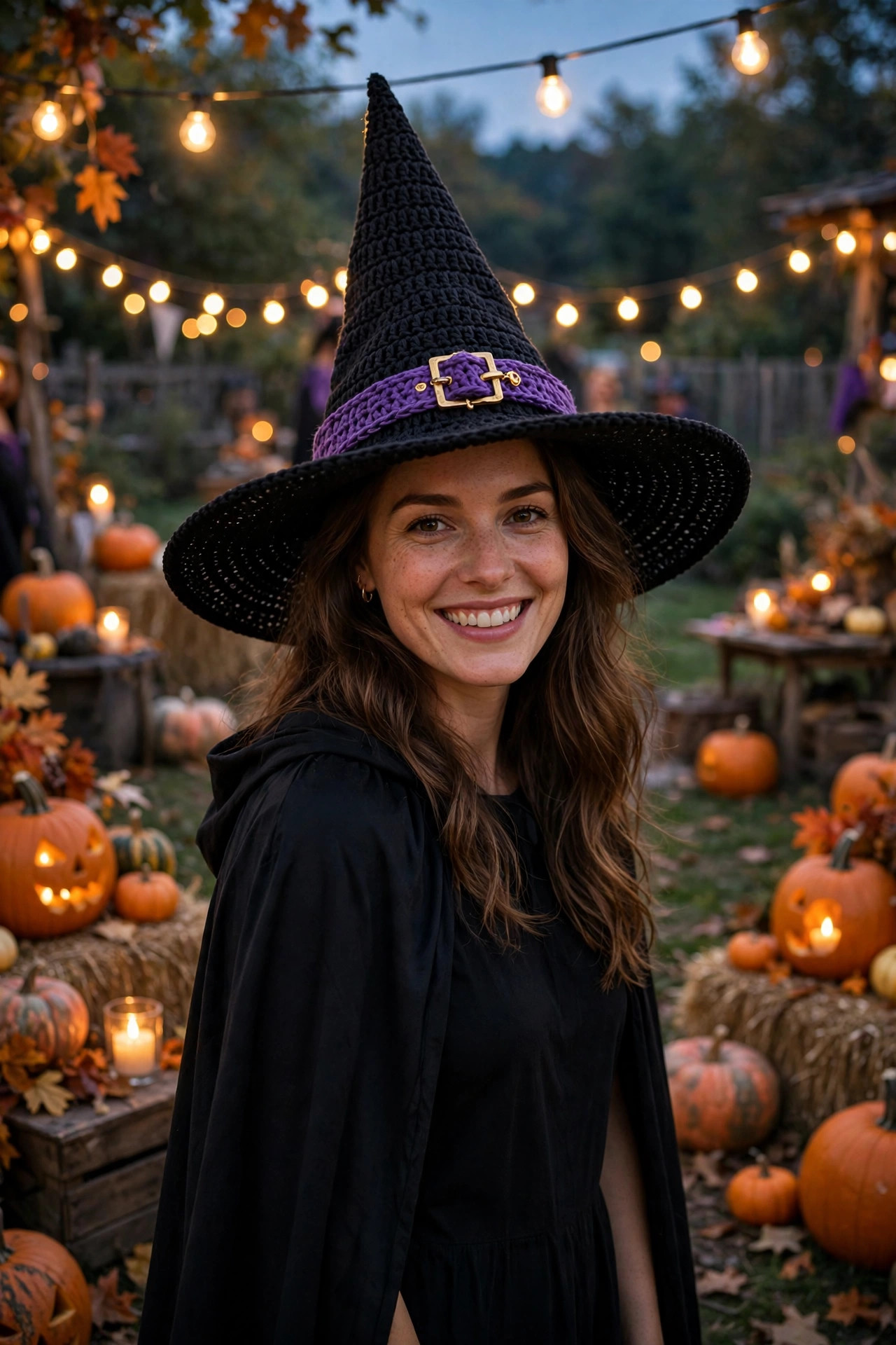 Woman wearing a black crochet witch hat with tall pointed cone, wide brim and purple band in a Halloween outfit among pumpkins and string lights