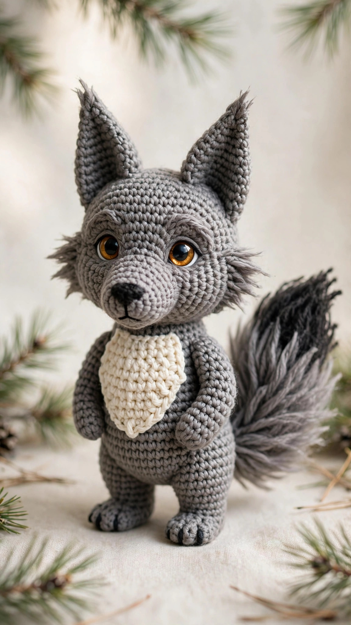 Crochet wolf pattern free: handmade crocheted wolf amigurumi pup in gray yarn with tall ears and a bushy tail