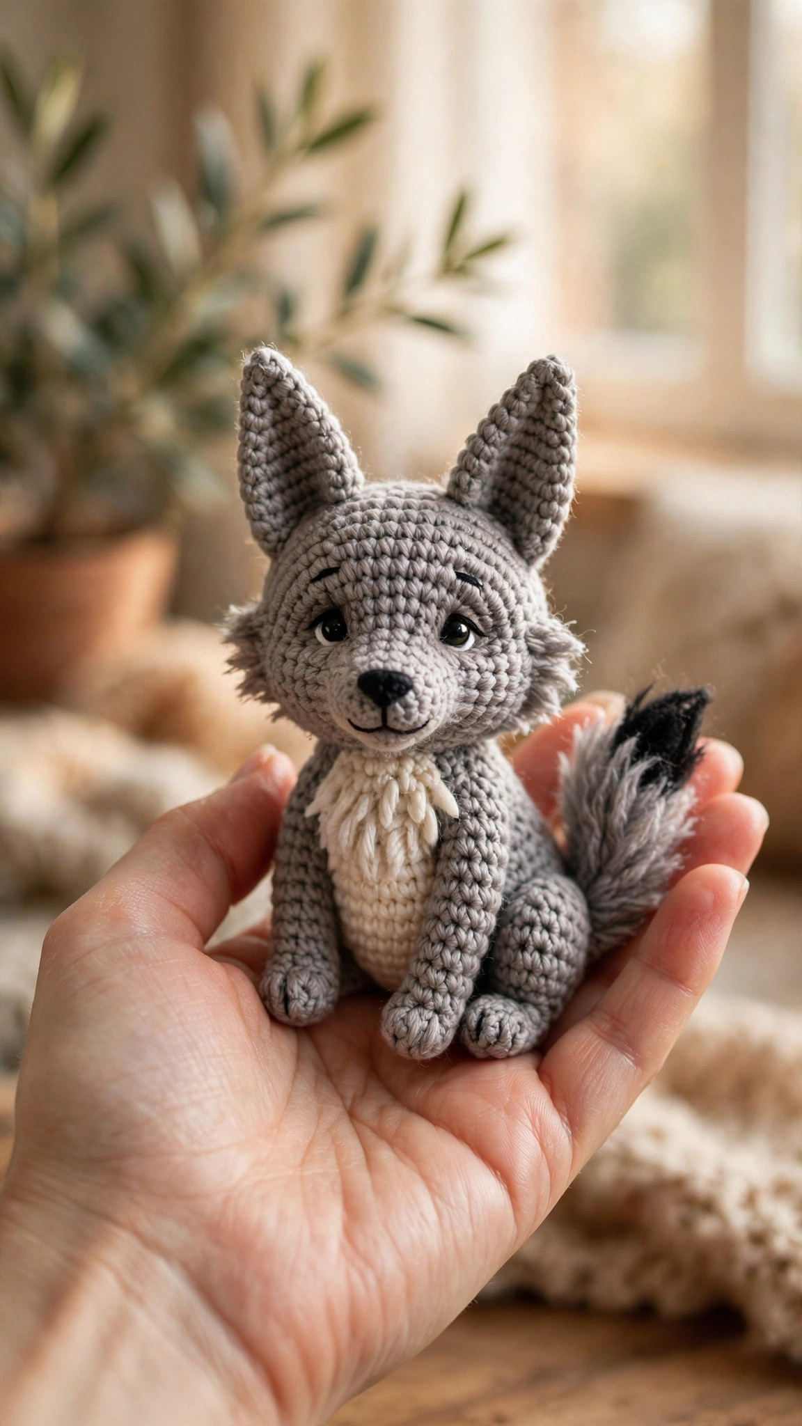 A handmade crocheted wolf amigurumi pup held in a hand to show scale, with the bushy tail and cream chest clearly visible, crochet wolf pattern free
