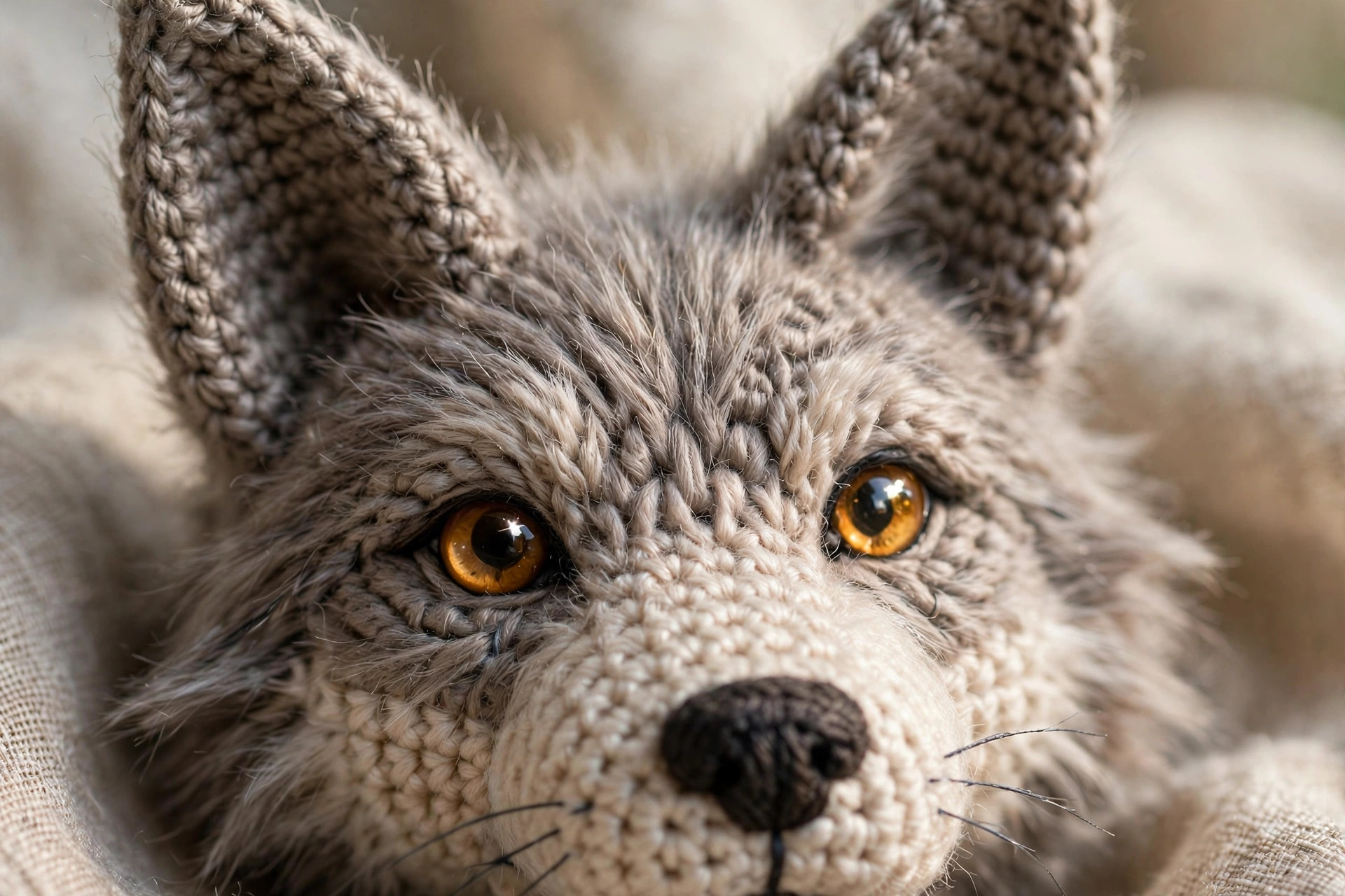 Close-up detail of a handmade crocheted wolf face showing amber safety eyes, an embroidered dark nose and the cream muzzle, crochet wolf pattern free