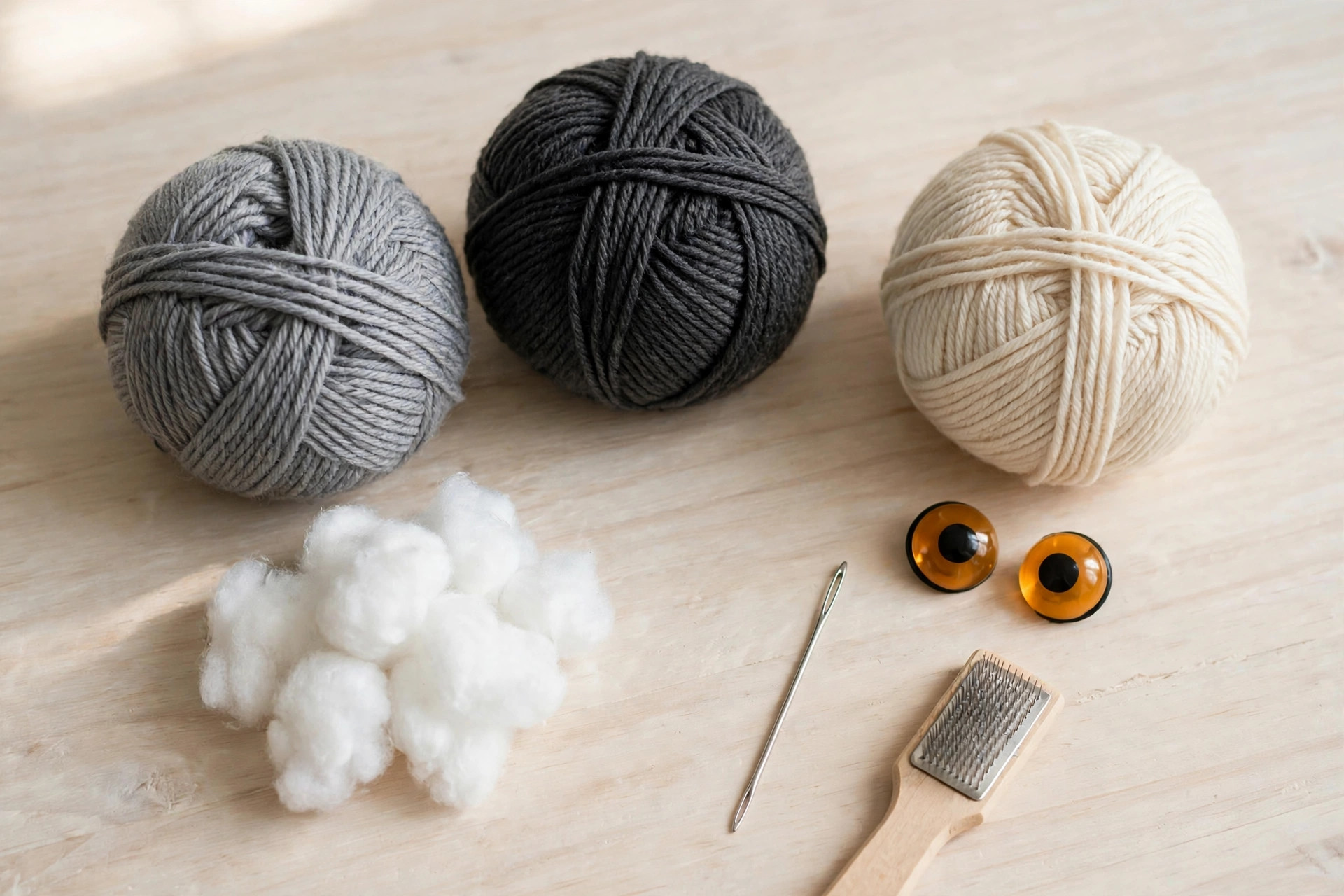Flat lay of gray, charcoal and cream yarn balls with a crochet hook, white toy stuffing, tapestry needle, amber safety eyes and a small brush for the crochet wolf pattern free
