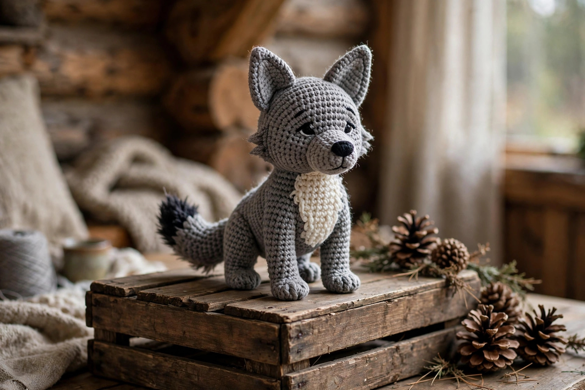 A finished handmade crocheted wolf amigurumi pup standing on a wooden crate with pine cones in a cozy room, crochet wolf pattern free