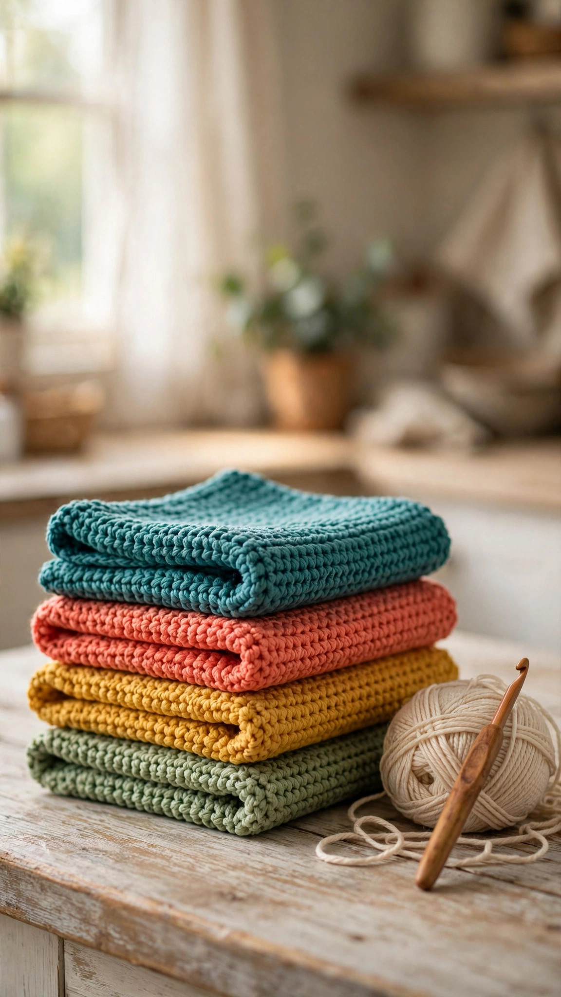 Free crochet dishcloth patterns — stack of colorful folded cotton dishcloths with yarn and a wooden crochet hook on a kitchen counter