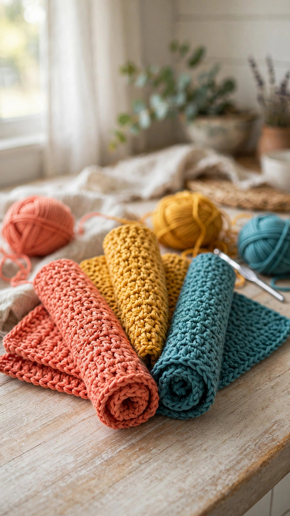 Rolled colorful crochet dishcloths in coral, mustard and teal with cotton yarn balls and a crochet hook on a wooden counter — free crochet dishcloth patterns