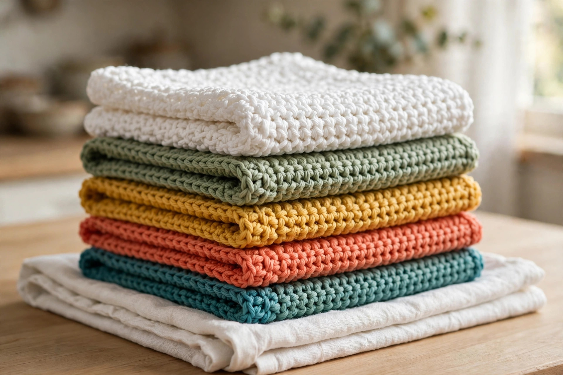 Stack of folded handmade crochet dishcloths in white, sage green, mustard yellow, coral and teal on a white linen towel