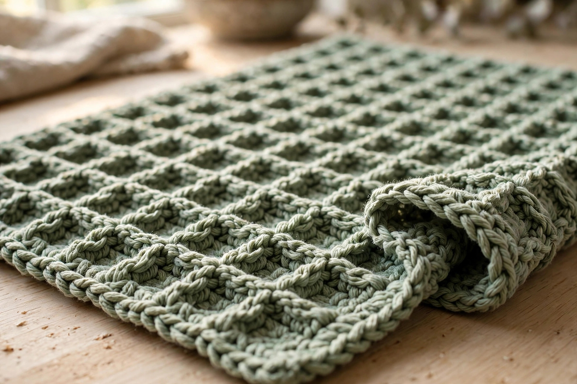 Close-up of a sage green waffle-stitch crochet dishcloth showing the deep three-dimensional grid texture