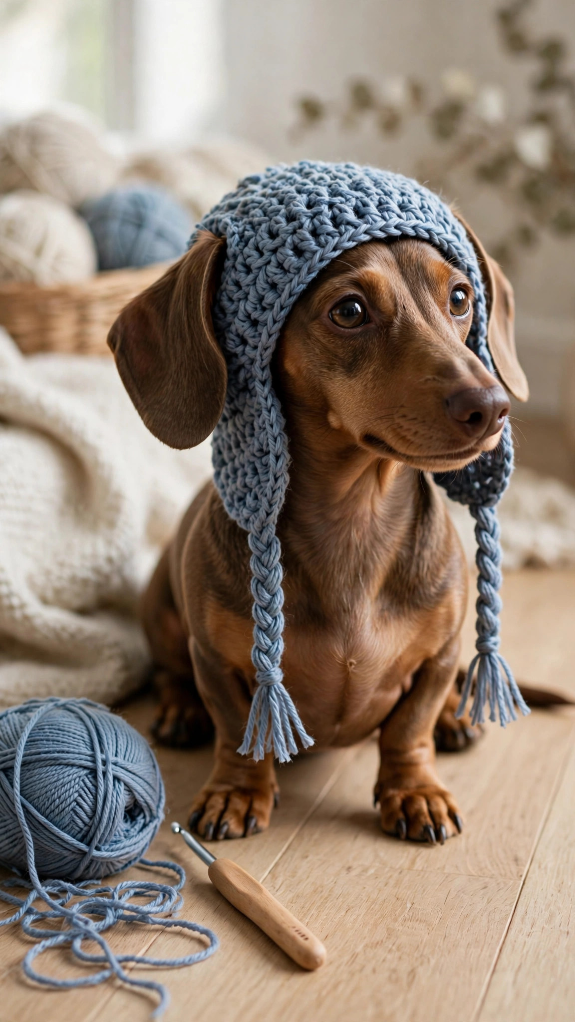 A small dachshund dog wearing a handmade crocheted earflap hat in dusty blue yarn with braided ties, sitting on a light wooden floor with yarn, dog hat crochet pattern free