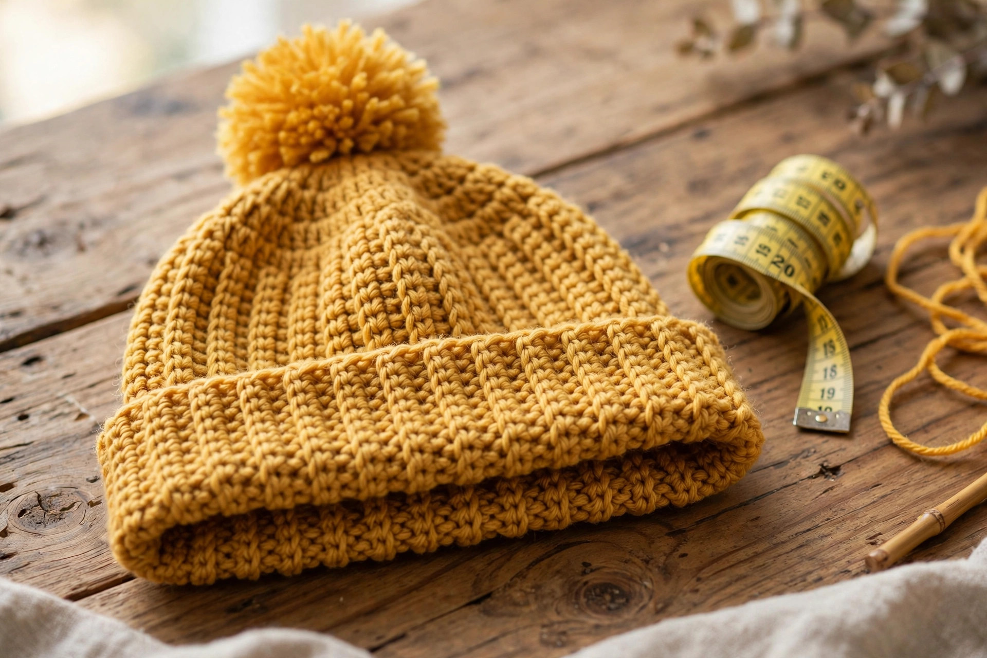 Close-up of a handmade crocheted dog beanie hat in mustard yellow yarn showing neat ribbed double crochet stitches, a folded brim and a fluffy pom pom