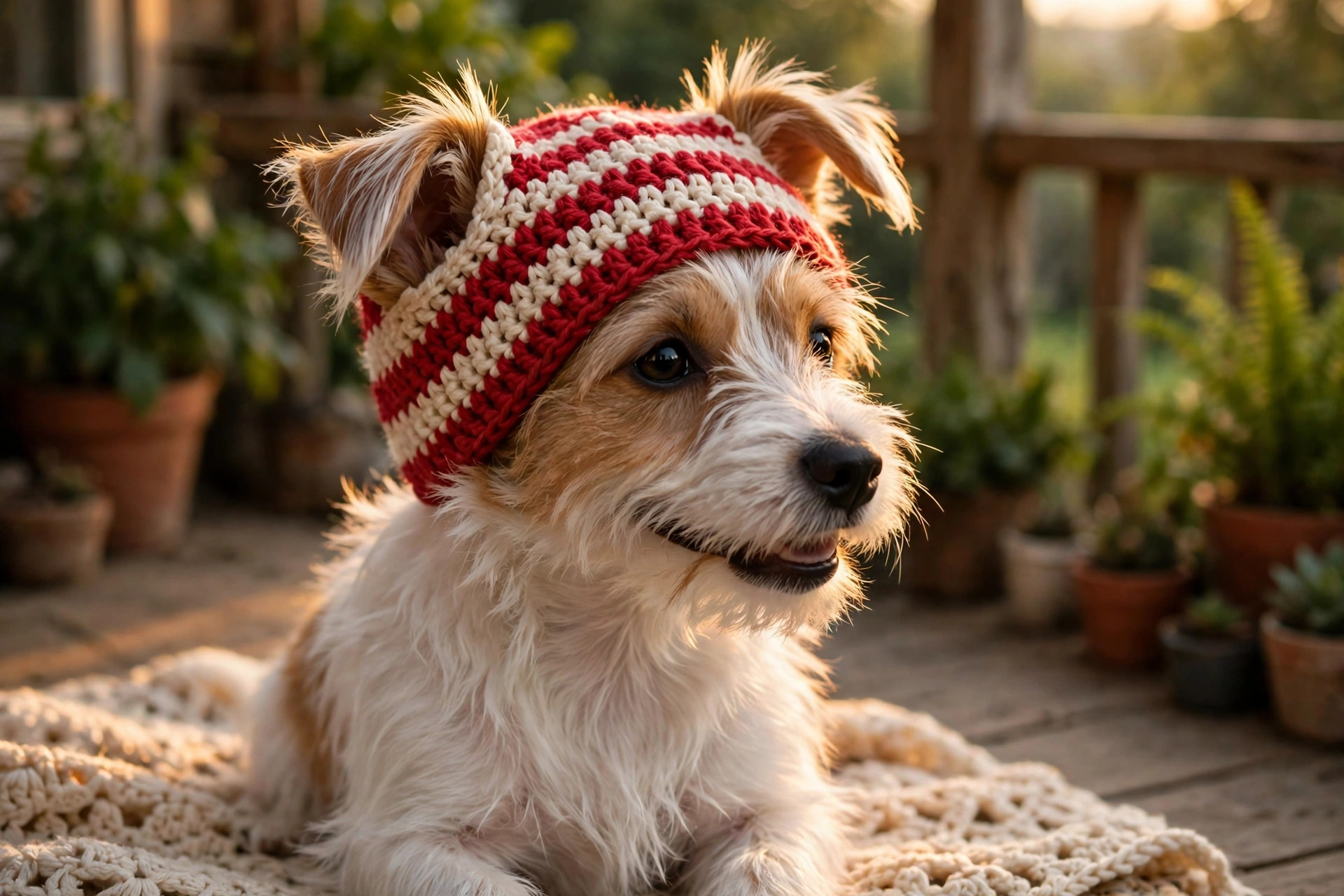 A small dog wearing a crocheted striped beanie hat in red and cream yarn with ear holes, sitting on a porch in soft golden light