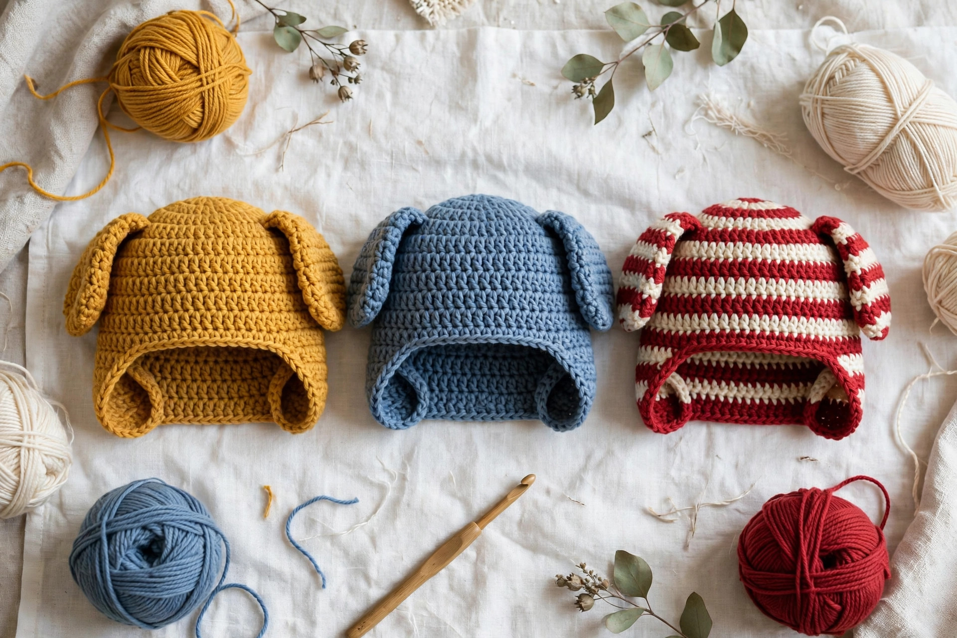 Flat lay of three finished crocheted dog hats in mustard yellow, dusty blue and red and cream stripes, with yarn balls and a crochet hook