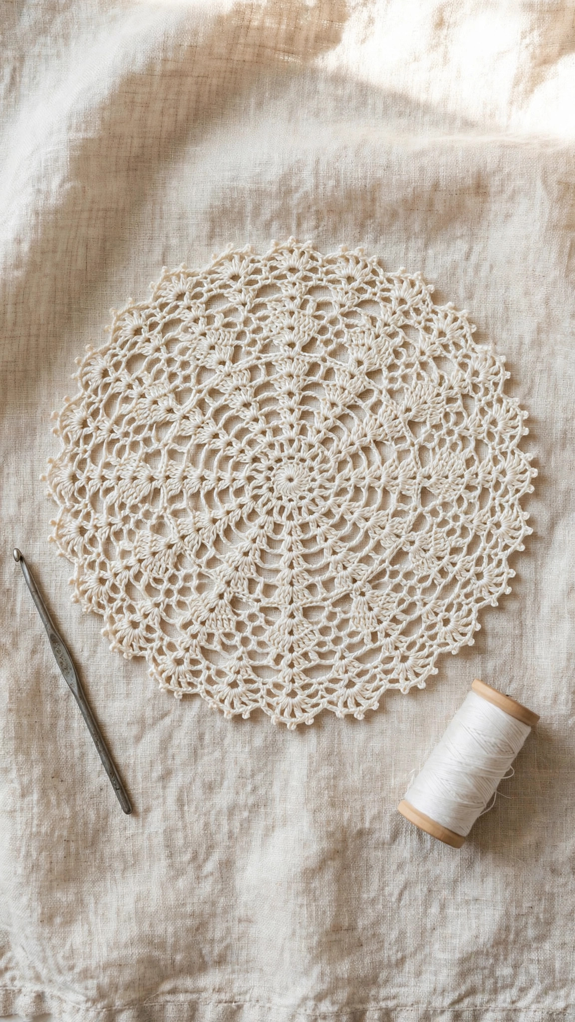 Free crochet doily patterns — finished cream thread-crocheted lace doily with picot edge on linen with steel hook and thread spool