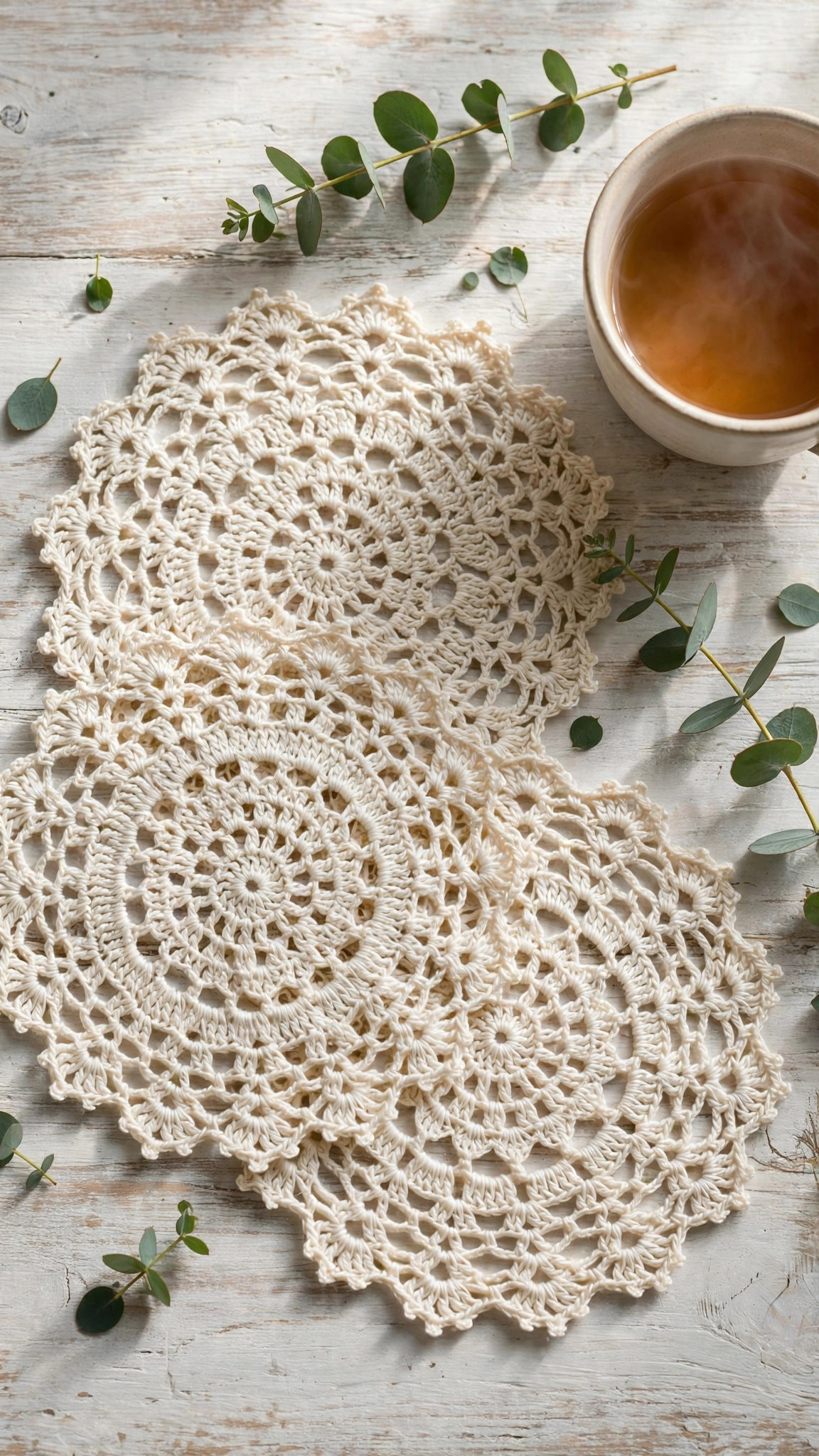 Three small cream thread crochet lace doilies styled on a whitewashed wooden table with eucalyptus and tea — free crochet doily patterns
