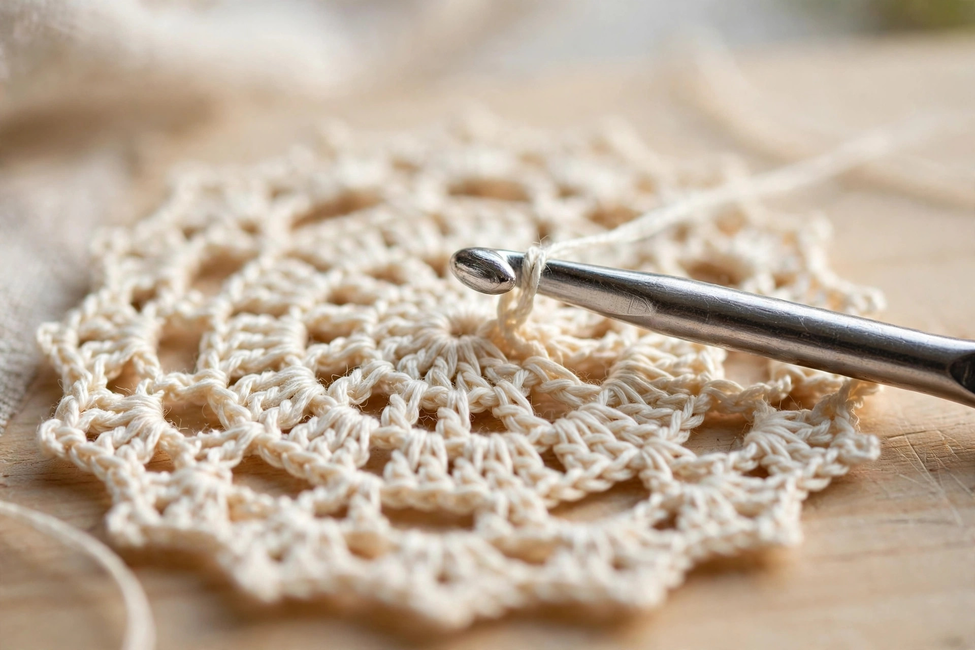 Close-up of a steel crochet hook working lace rounds of a cream thread crochet doily showing double crochet and chain-space texture