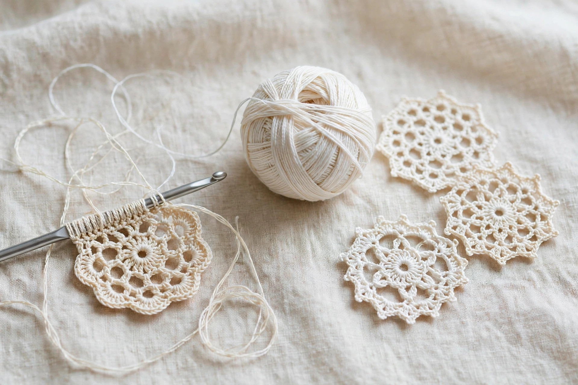 Work in progress cream thread crochet doily motif on a hook beside a ball of white size-10 crochet thread and finished mini doilies