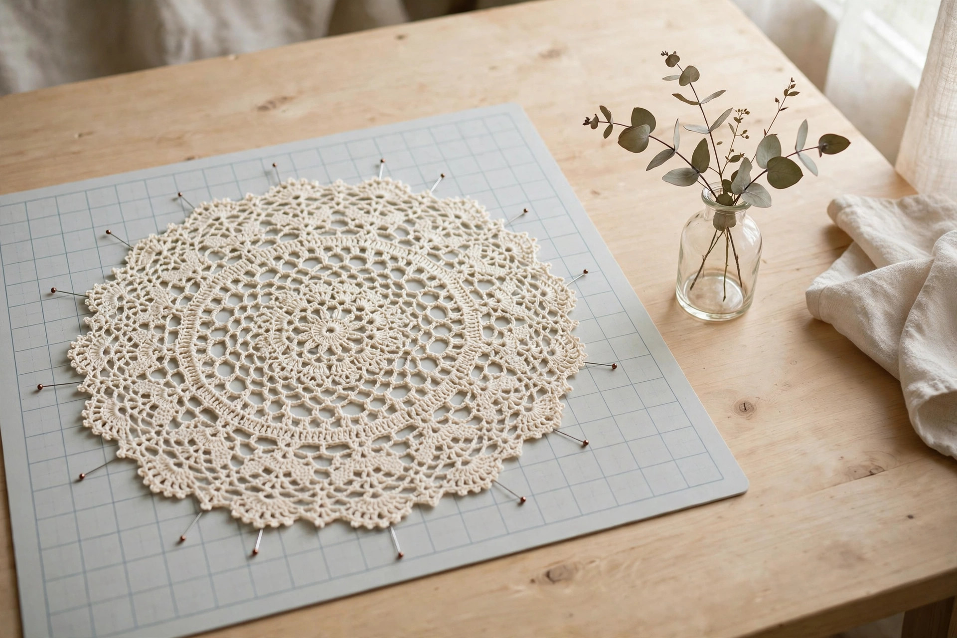 Finished cream lace crochet doily pinned flat on a blocking mat with rust-proof pins next to a glass vase