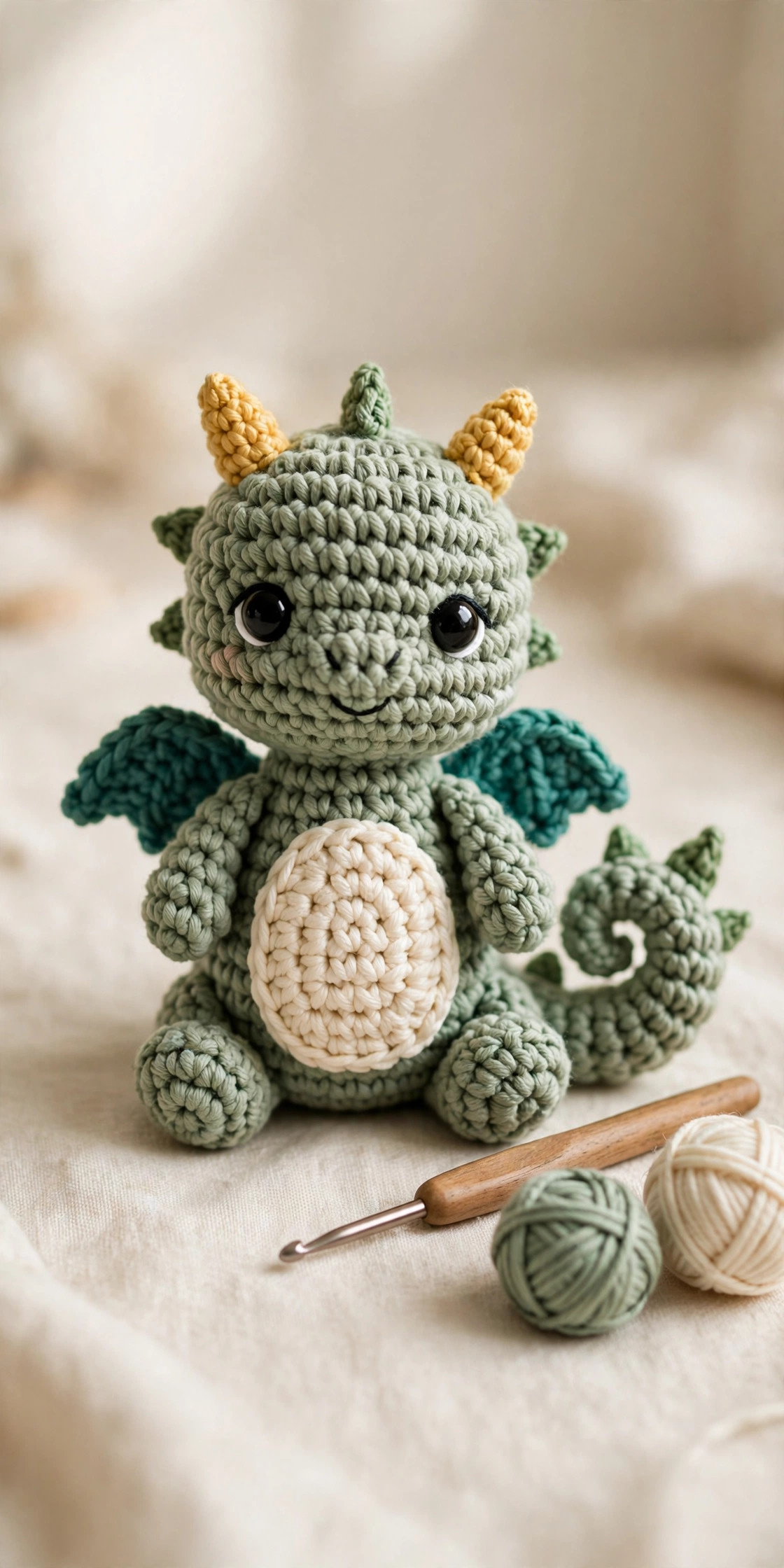 Free crochet dragon pattern — finished baby dragon amigurumi with teal wings, golden horns and cream belly sitting on a cream blanket