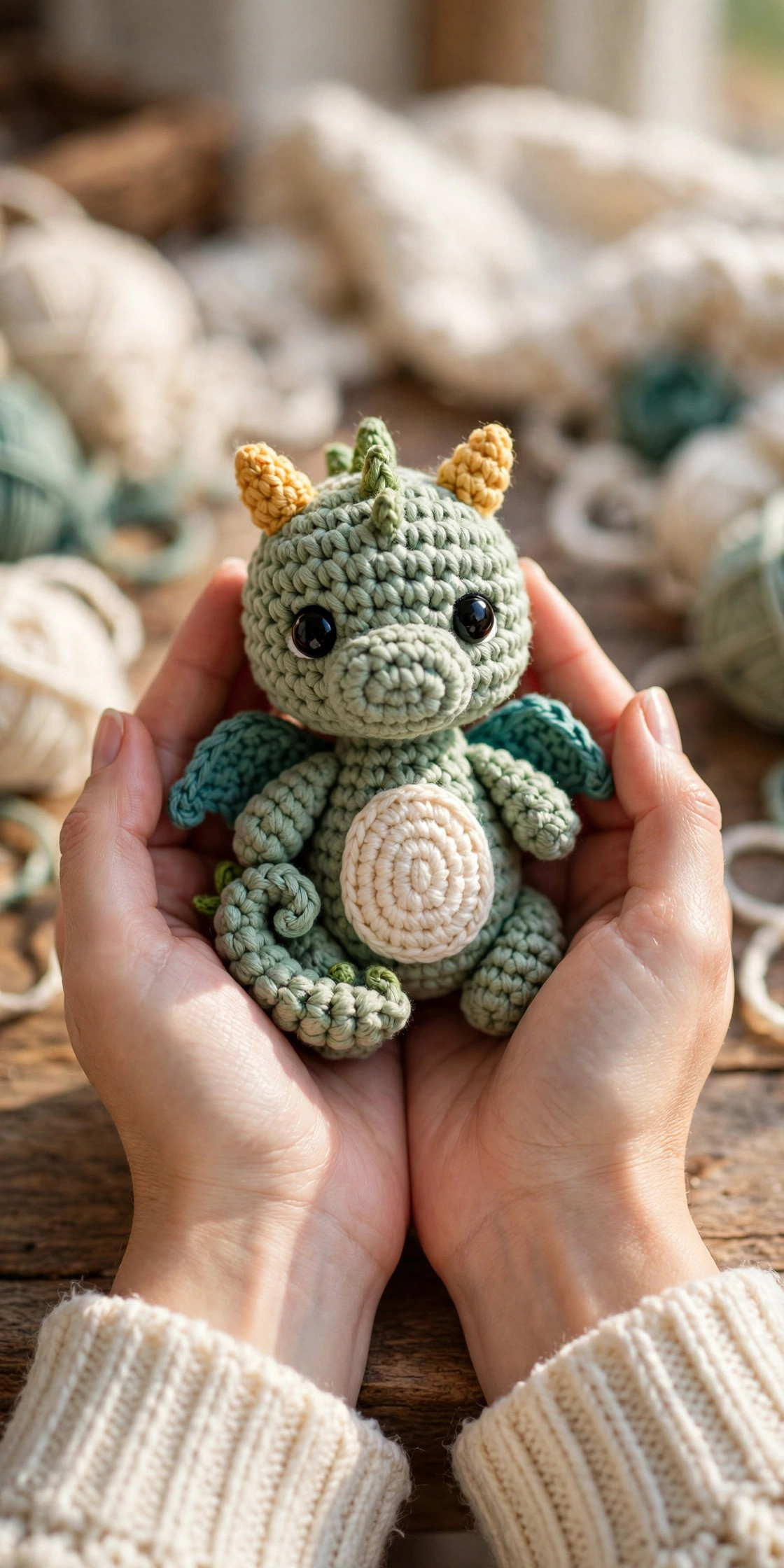 Hands holding a finished sage-green crochet dragon amigurumi with teal wings and golden horns — free crochet dragon pattern