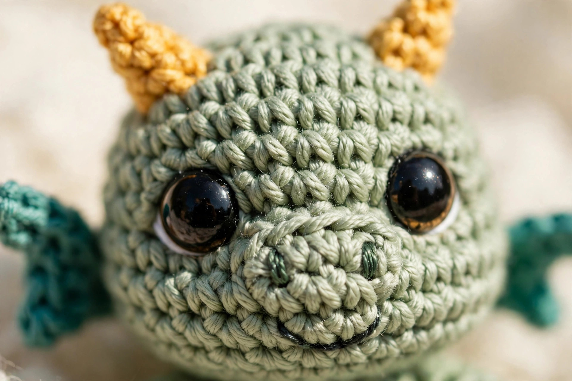 Close-up of the crochet dragon's face with big black safety eyes, golden horns and embroidered smile