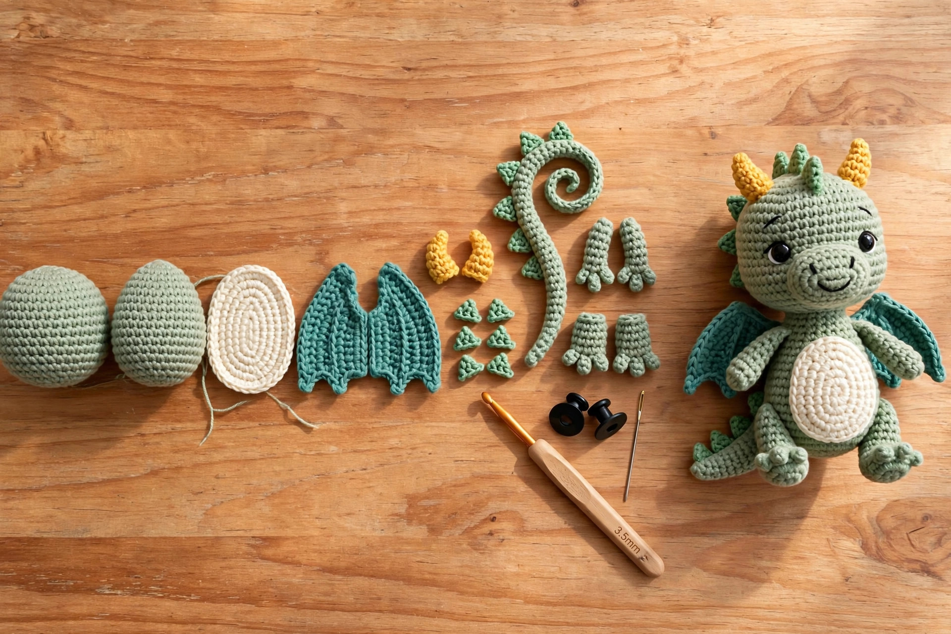 All fifteen crochet pieces of the dragon laid out on a wooden table — head, body, belly, wings, horns, spikes, tail, arms, feet — next to the finished dragon