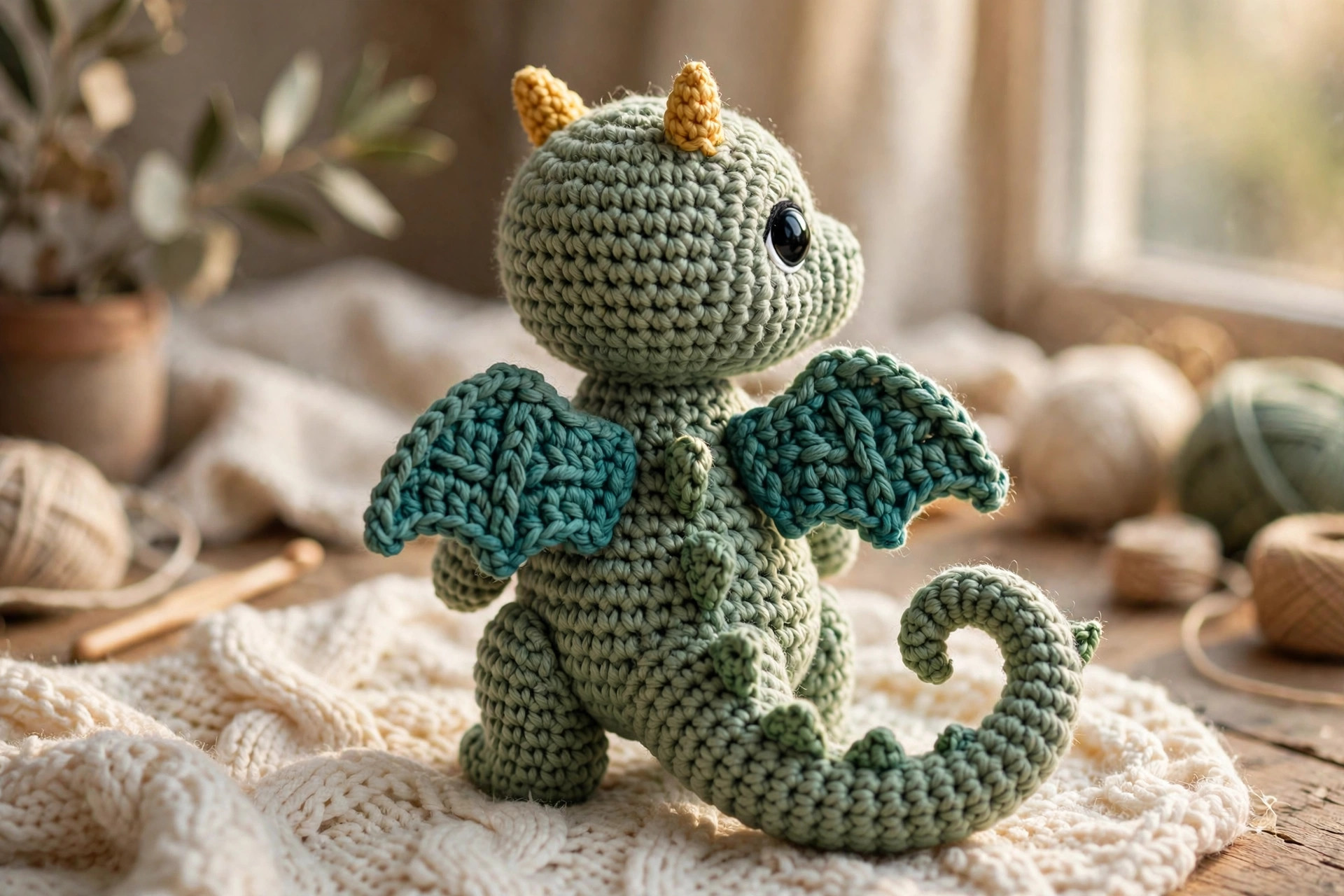 Back view of the finished crochet dragon showing teal wings, back spikes and the curled tail with spikes