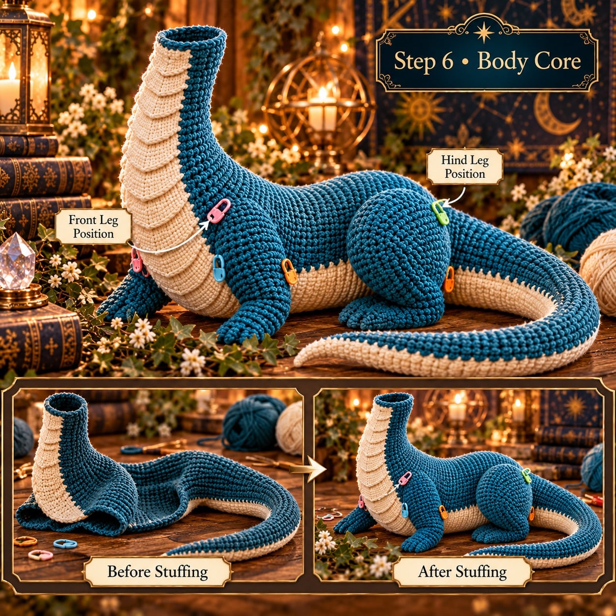 Body core worked as one continuous neck-body-tail piece