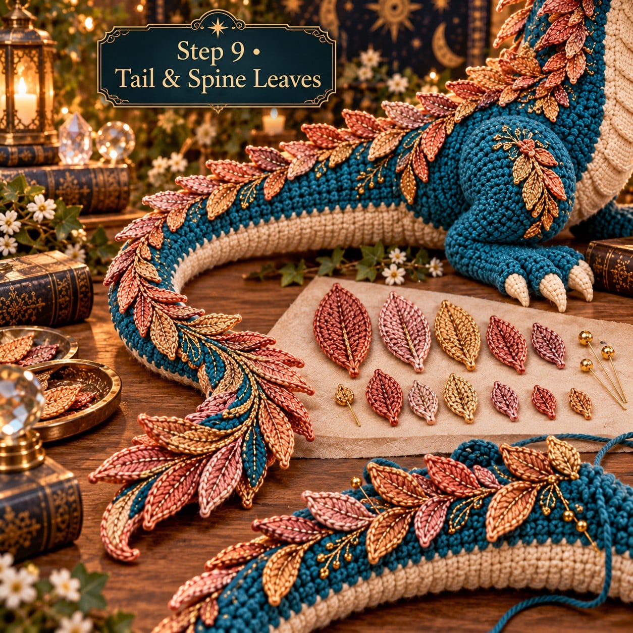 Leaf spines in copper, blush and gold down the tail