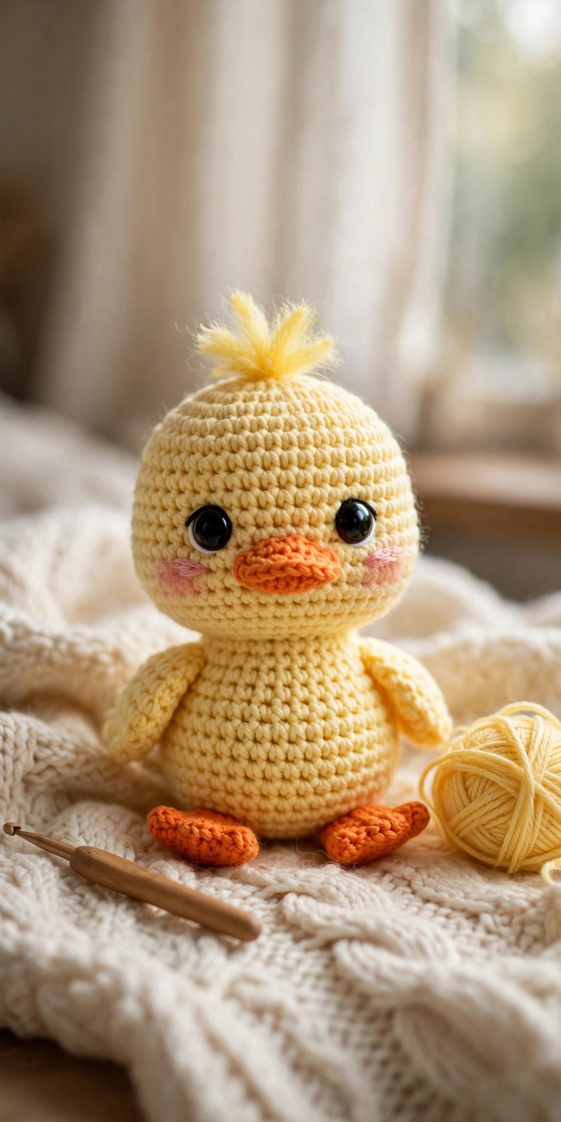 Free crochet duck pattern — finished yellow amigurumi duck with big black safety eyes, orange beak and fluffy head tuft sitting on a cream blanket
