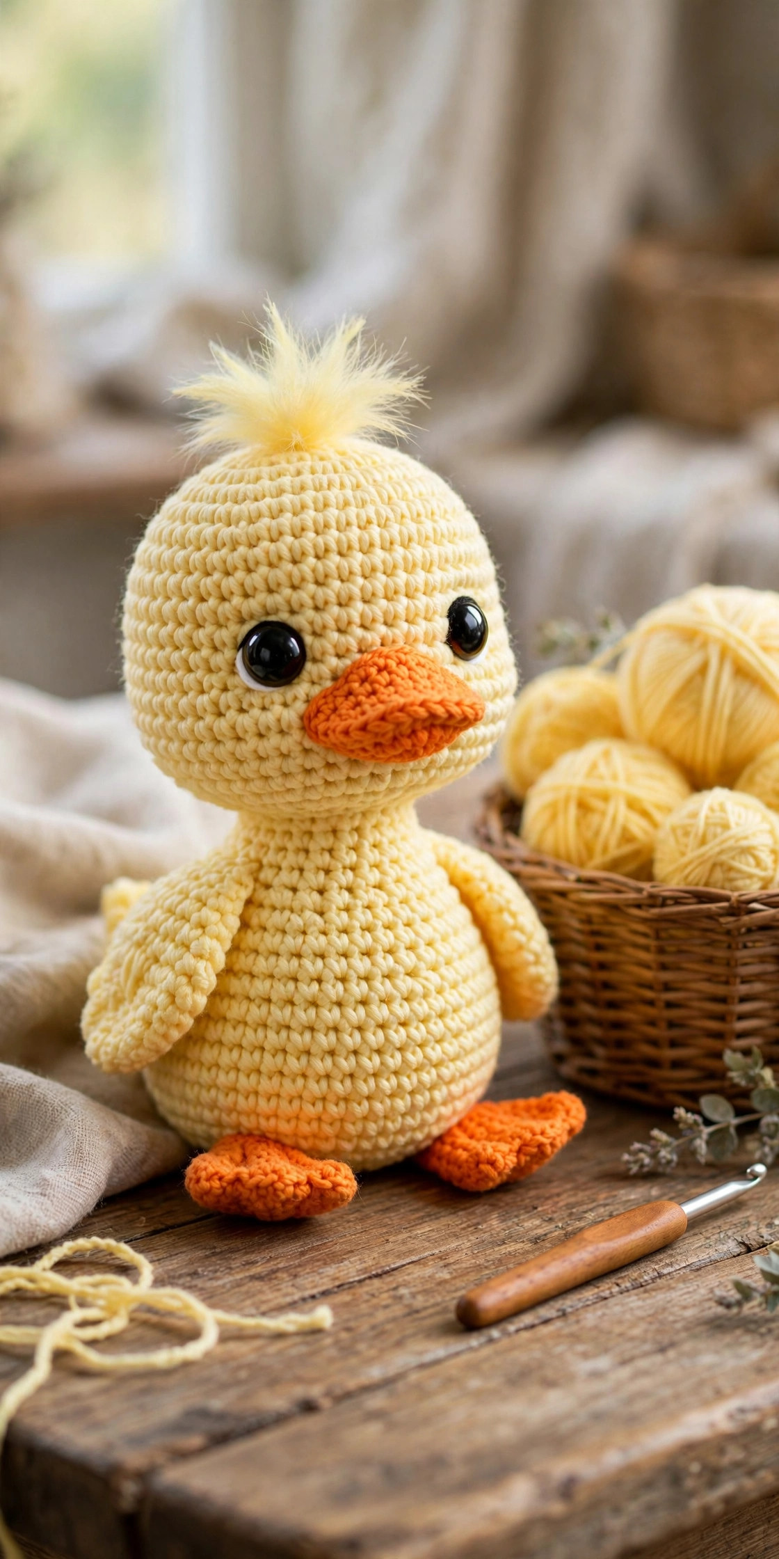 Cute yellow crochet duck amigurumi with orange beak and webbed feet sitting on a wooden table with a basket of yellow yarn — free crochet duck pattern