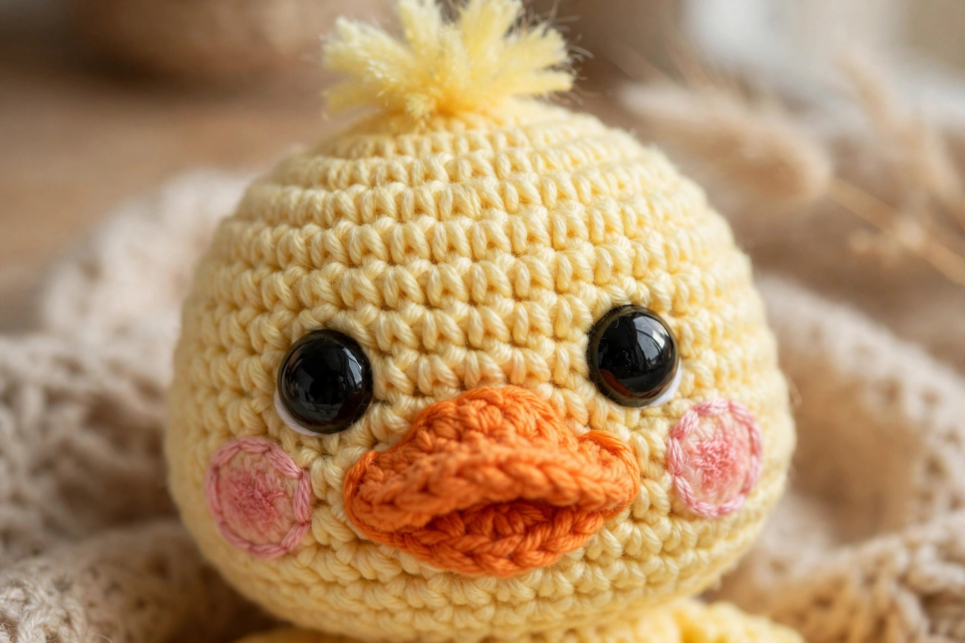 Close-up of crochet duck face with big black safety eyes, orange beak and pink embroidered cheeks