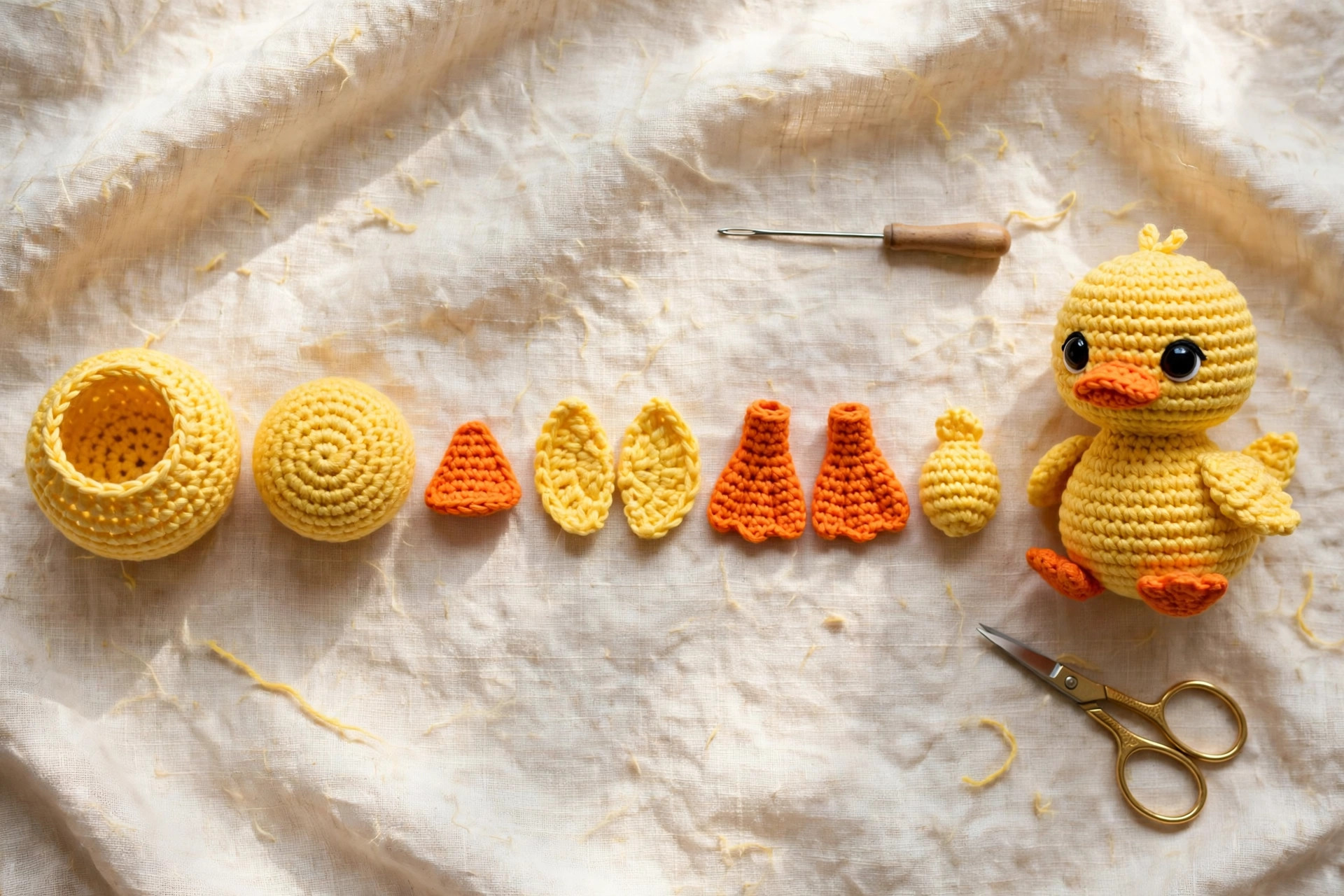 Crochet duck pattern pieces laid out in a row — body, head, beak, wings, feet and tail — next to the finished duck