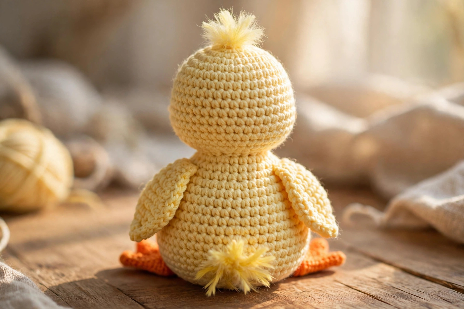 Back view of finished yellow crochet duck amigurumi showing folded wings, fluffy tail tuft and orange webbed feet