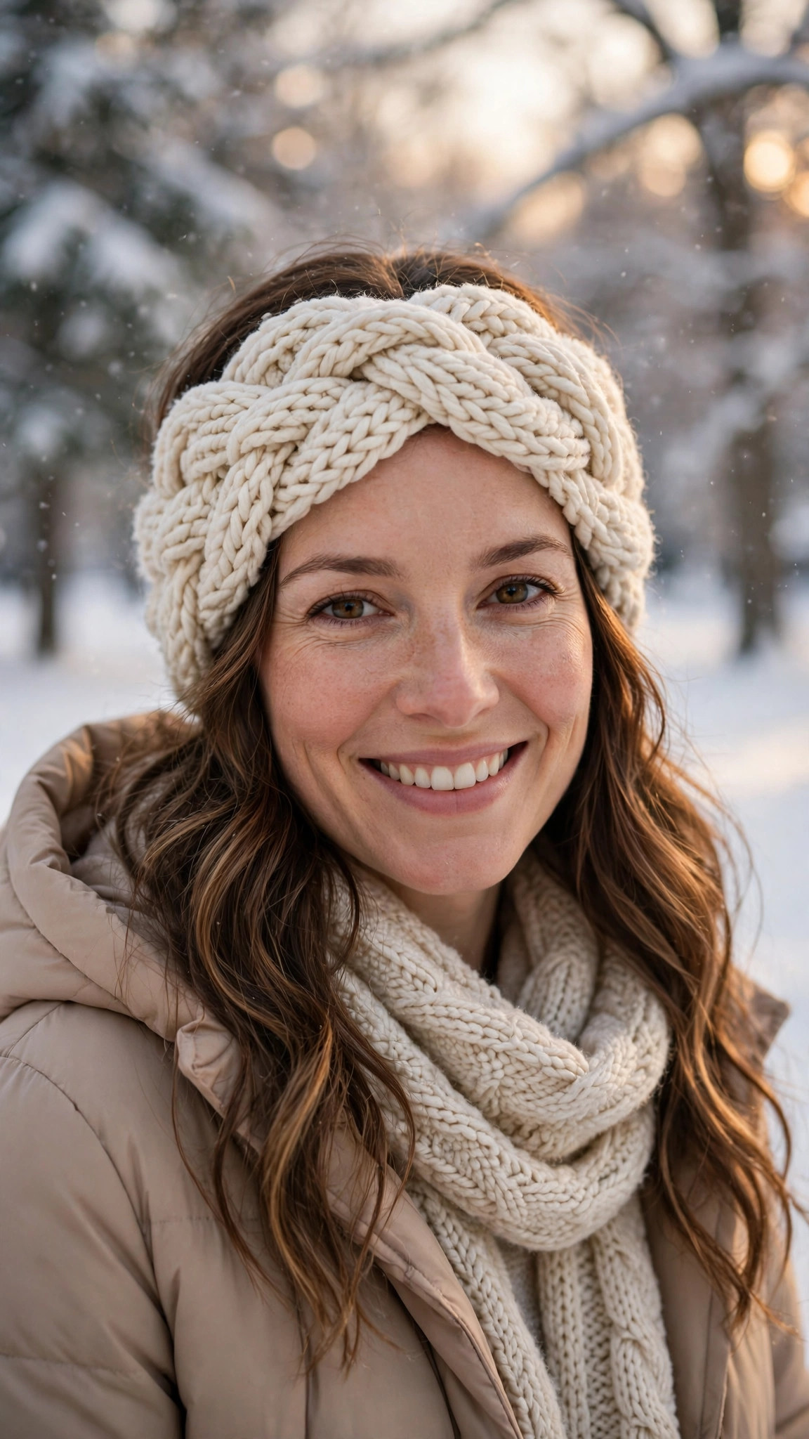 Woman wearing a handmade cream crocheted twisted ear warmer headband in a snowy park